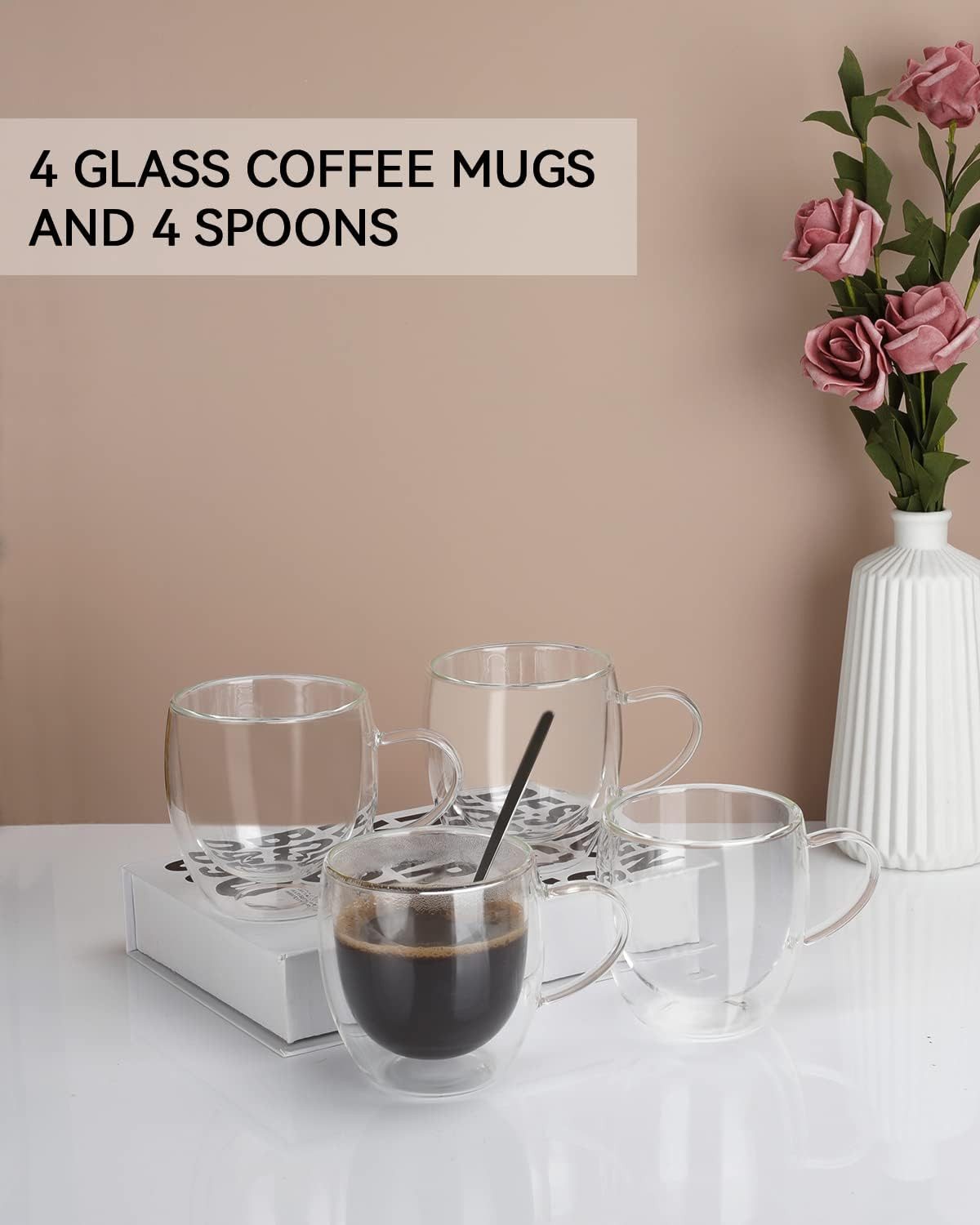 LIBWYS Thermotasse Doppelwandige Kaffeetassen aus Glas 4x250 ml mit Griff und Löffel, Glas, Doppelwandige Glastassen mit Griff für Kaffee, Tee und Heißgetränke