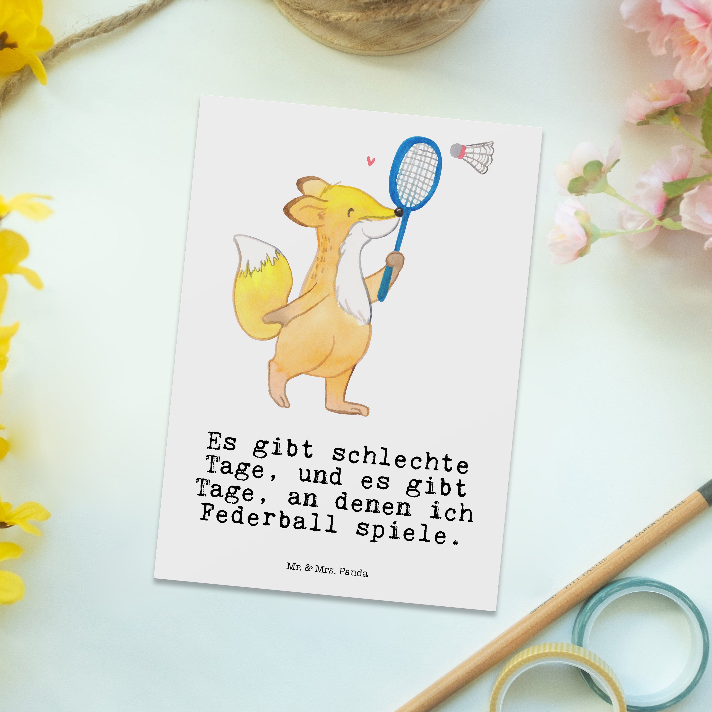 Mr. & Mrs. Panda Postkarte Auszei Weiß Fuchs spielen Geschenk, Tage - - Federball Geschenkkarte