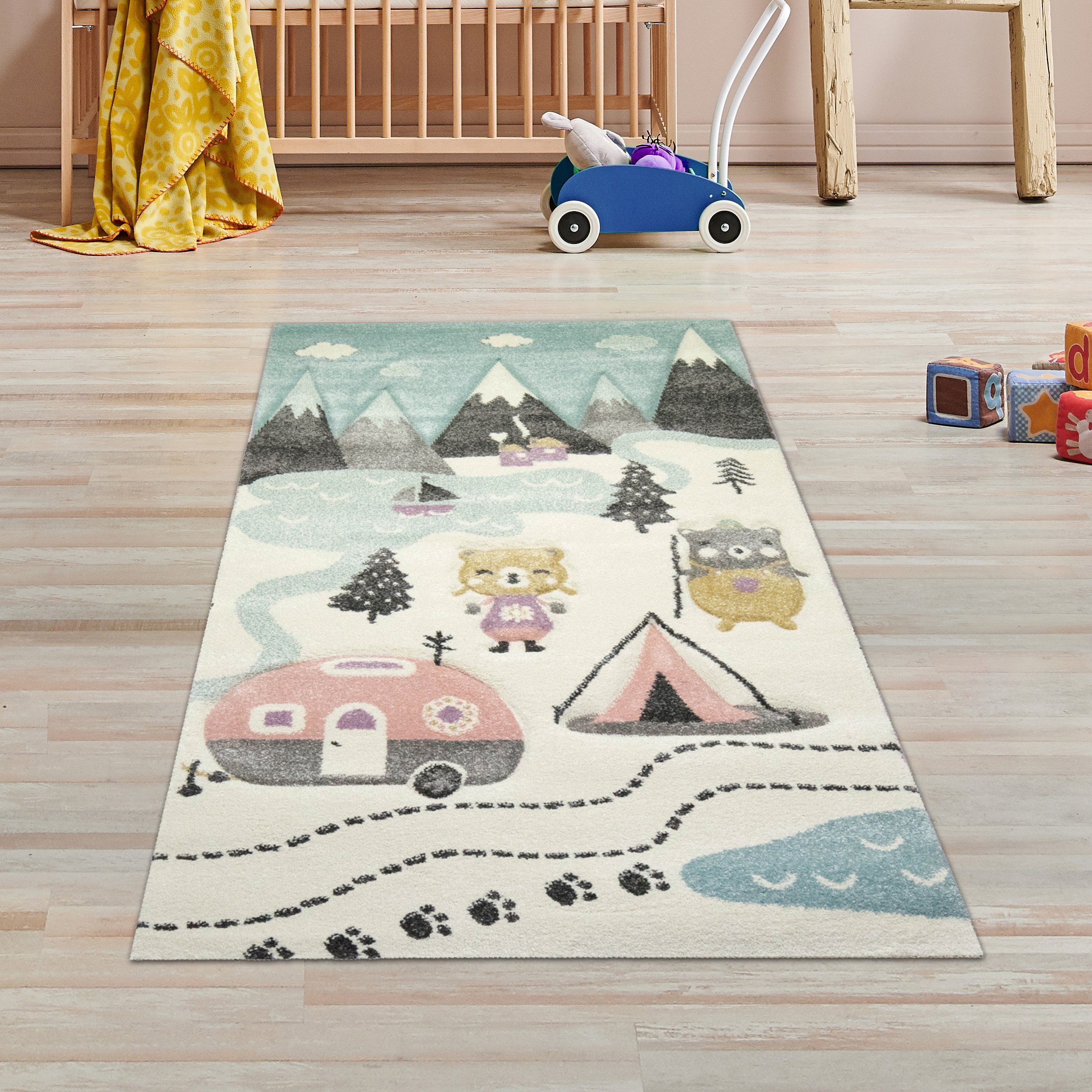 Kinderteppich Kinderzimmer Teppich Bären Wohnwagen Blau