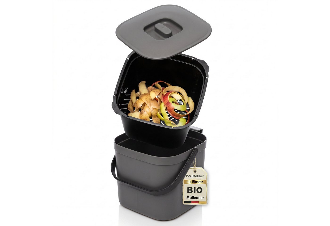 Hausfelder Mülleimer Biomülleimer Küche 5L mit Sieb & Deckel, Made in Germany, robuste Konstruktion