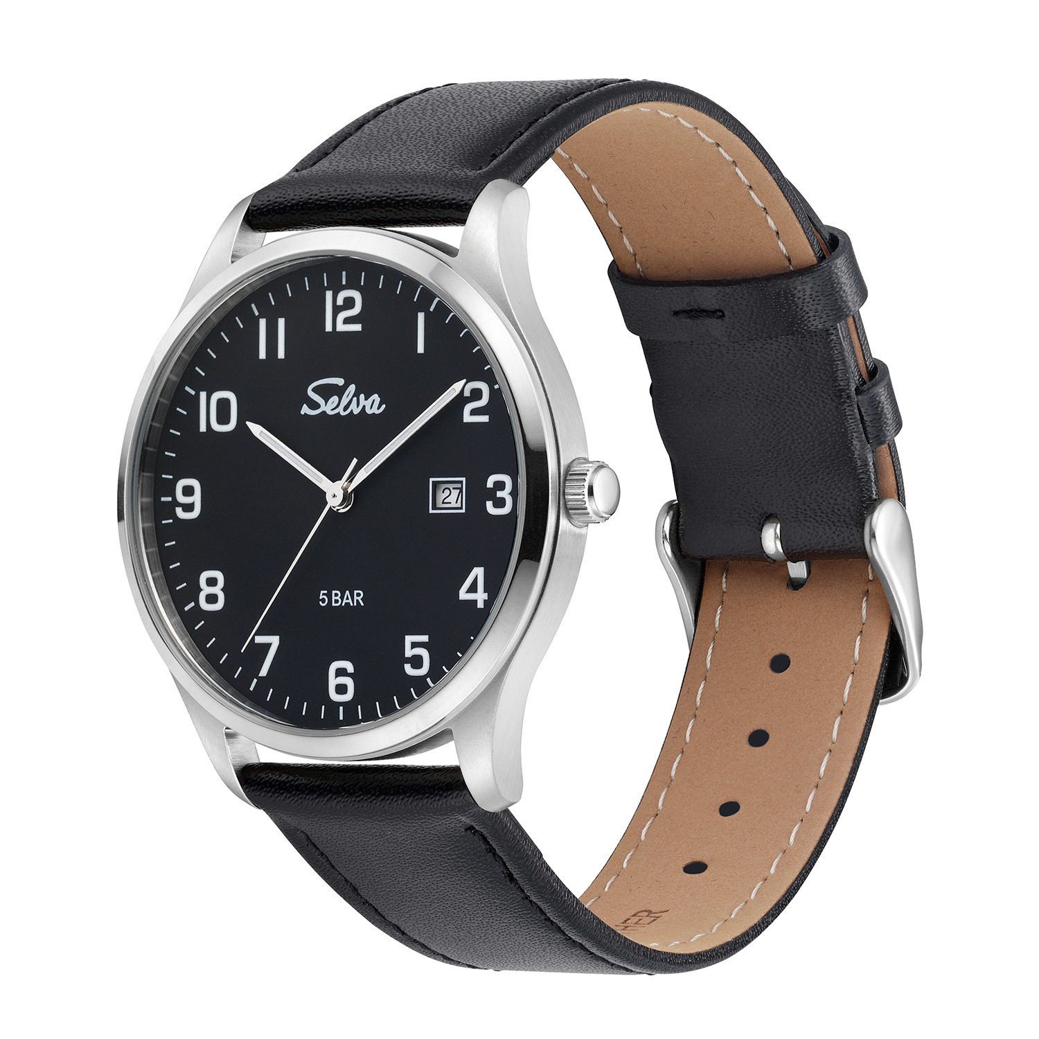 Selva Technik Quarzuhr SELVA Quarz-Armbanduhr mit Lederband Zifferblatt weiß, Gehäuse Ø 39mm