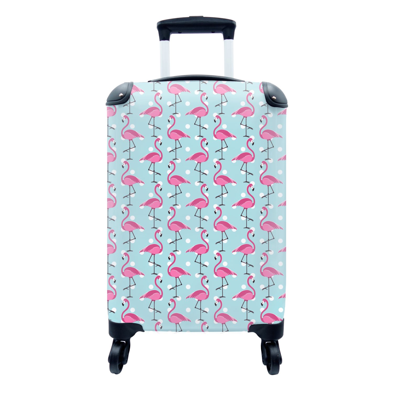 MuchoWow Handgepäckkoffer Flamingo - Polka dots - Tiere - Muster, 4 Rollen, Reisetasche mit rollen, Handgepäck für Ferien, Trolley, Reisekoffer