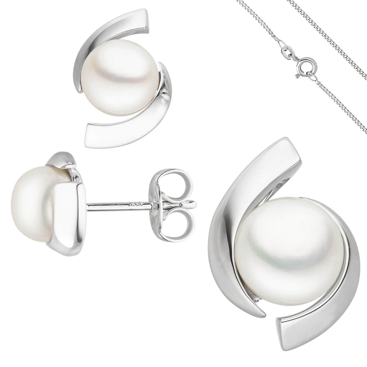 Schmuck Krone Schmuckset Schmuck-Set 333 Weißgold Süßwasser Perlen Kette 42cm, Gold 333