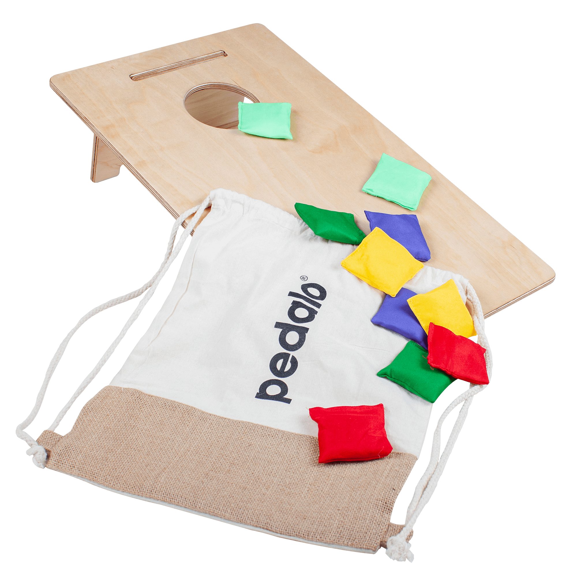 pedalo® Spiel Cornhole Kids I Wurfspiel I Geschicklichkeit I Indoor & Outdoor, Wurfspiel, Steckbar inkl. Baumwoll-Jute-Rucksack