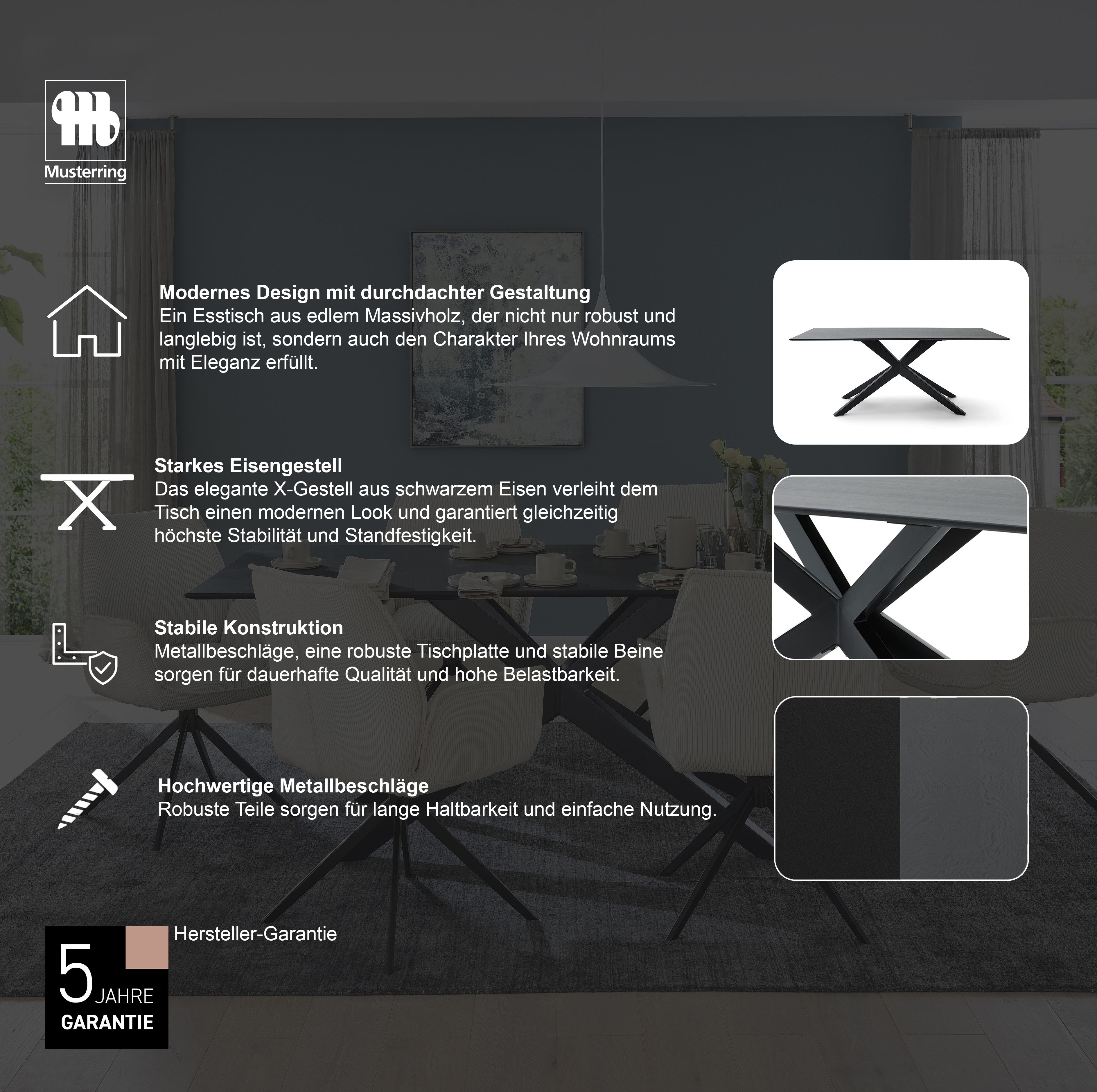 Musterring Esstisch, mit fester Platte in Barock-Eiche massiv, 20mm, Eisengestell schwarz