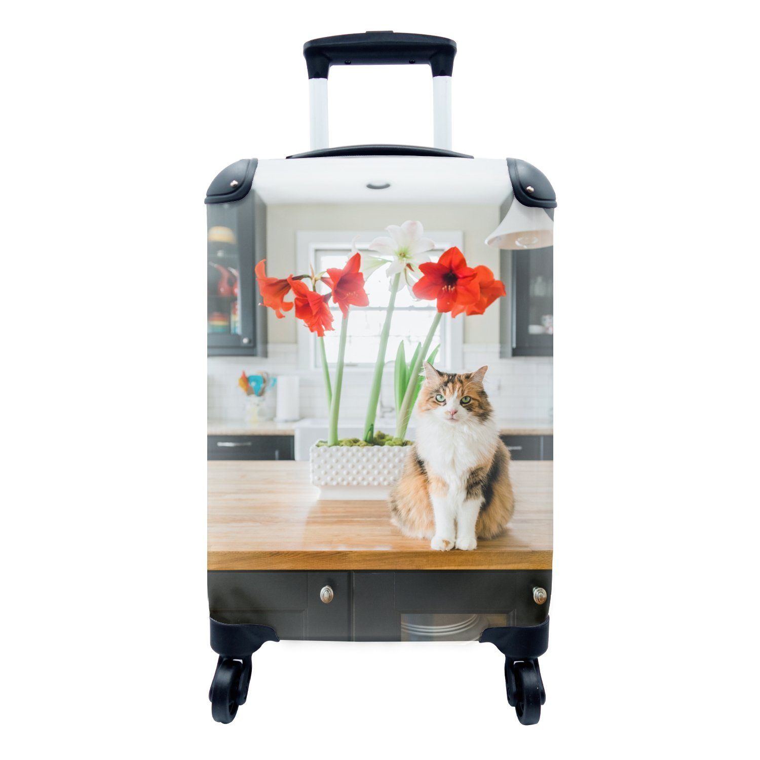 MuchoWow Handgepäckkoffer Katze - Blumen - Tisch, 4 Rollen, Reisetasche mit rollen, Handgepäck für Ferien, Trolley, Reisekoffer
