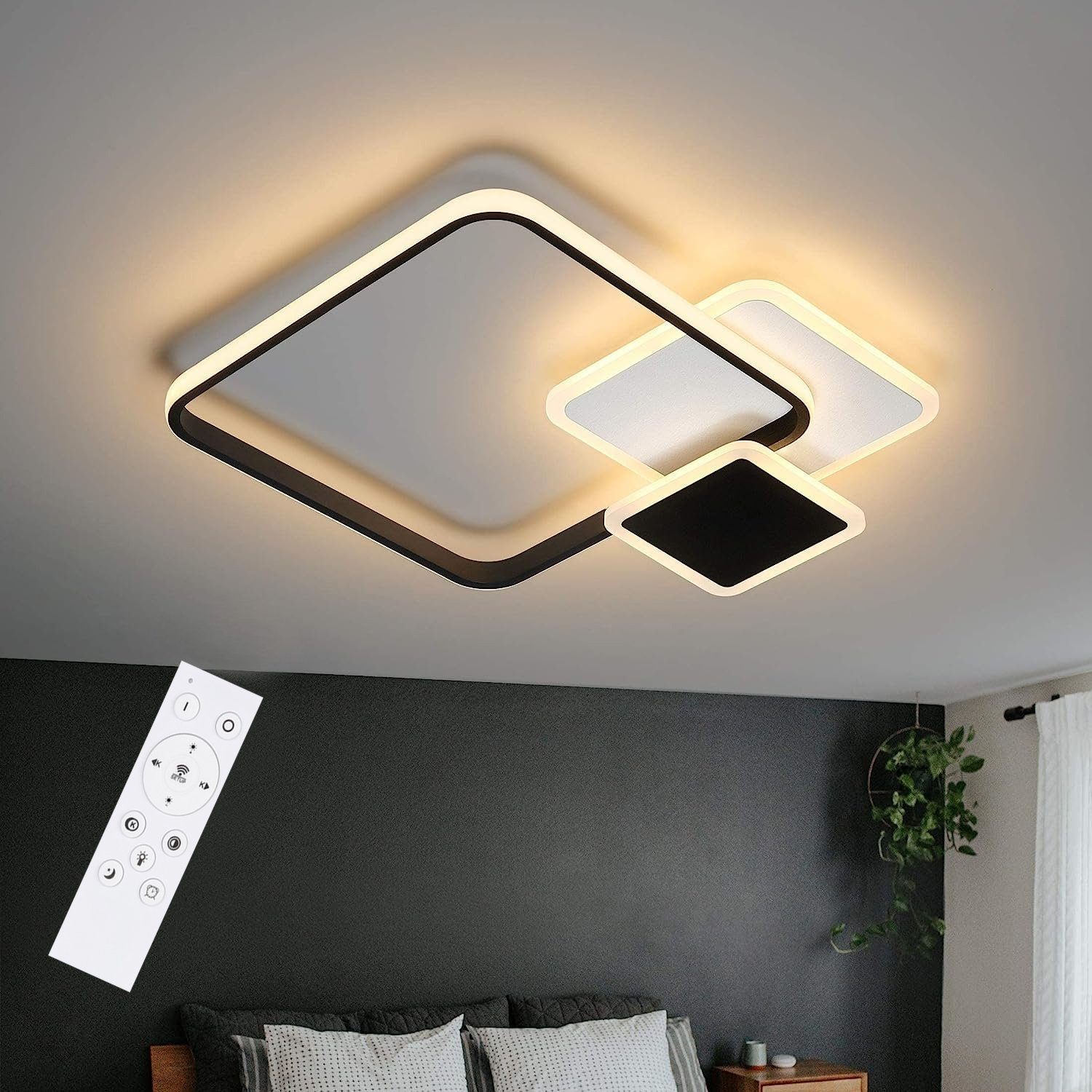 Büro LED Modern LED ZMH integriert Quadrat Dimmer, Deckenleuchte Flur, fest Fernbedienung Schwarz Design