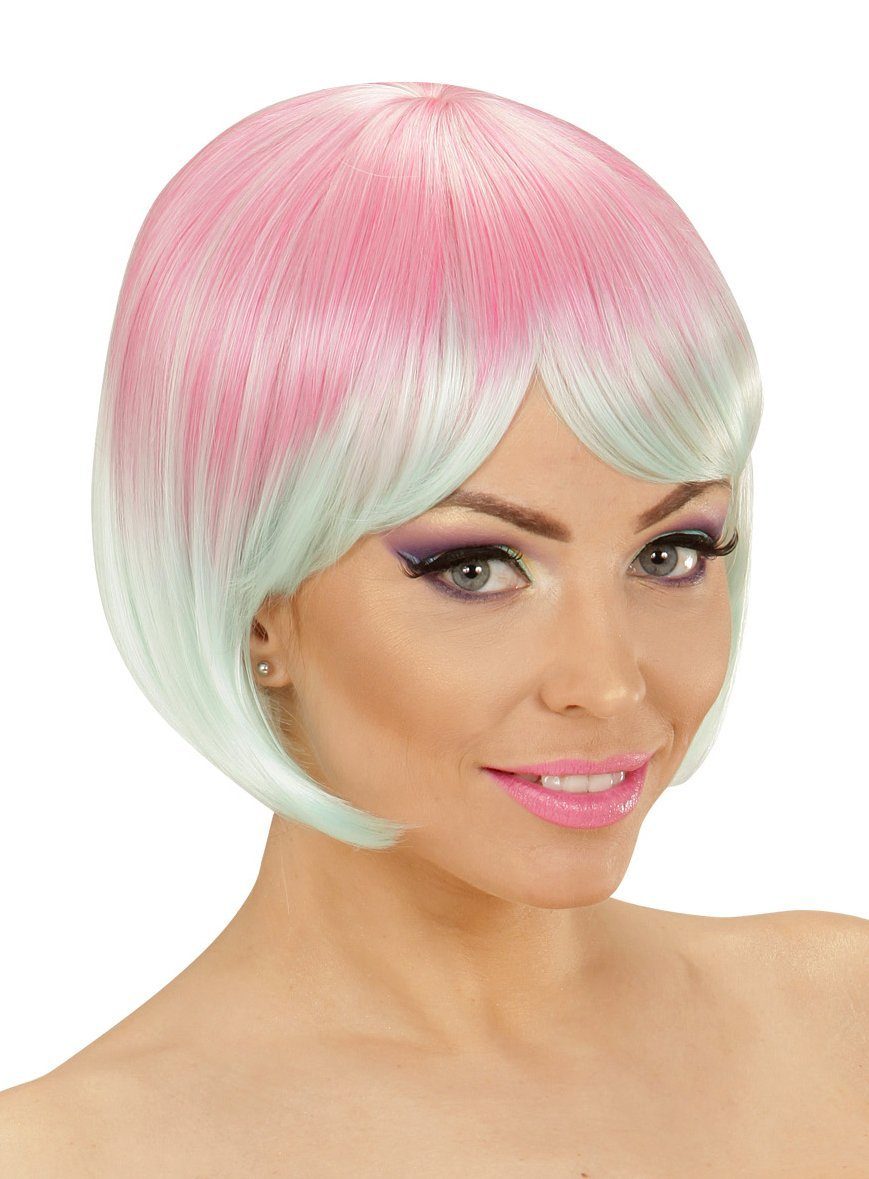 Widdmann Kostüm-Perücke Two-Tone Perücke pink-türkis, Zweifarbige Kurzhaarperücke für Frauen