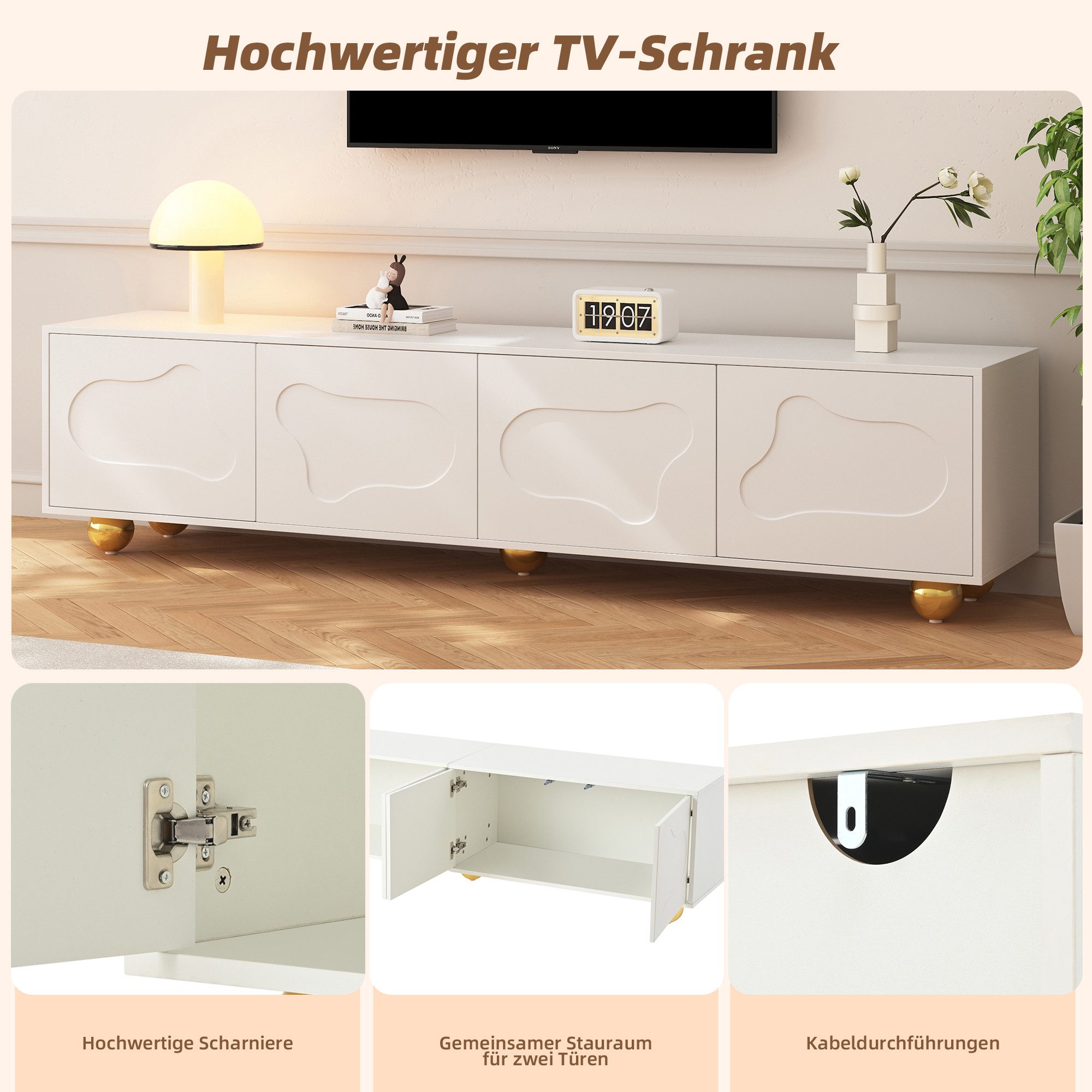 Merax Lowboard hochglanz TV-Lowboard im Wolken-Design (180x40x45cm, 1 St., Fernsehschrank Fernsehtisch), TV-Schrank mit 2 Schränke, 4 Türen & 5 stabile Standfüß – Bild 4 von 5