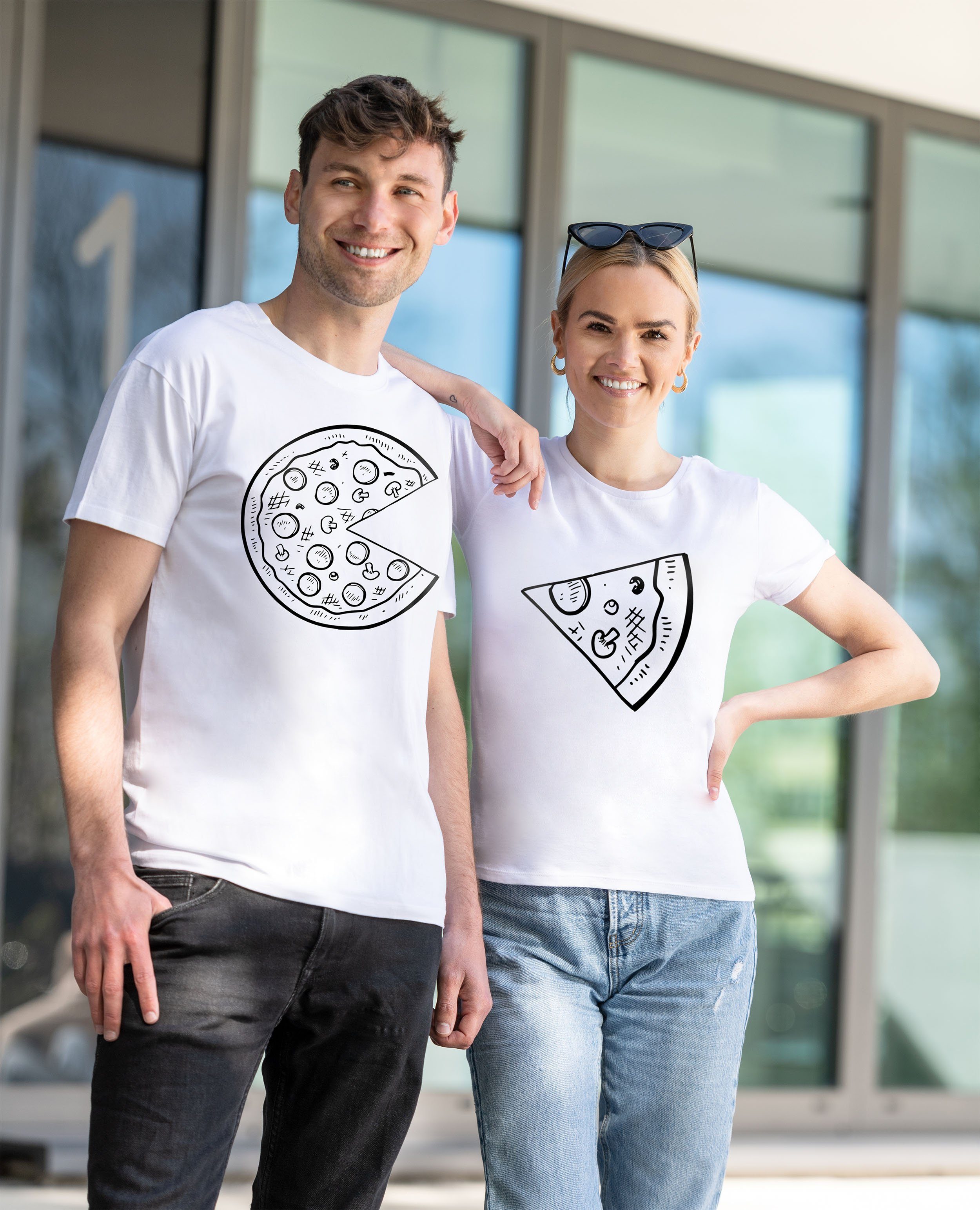 mit Couples Weiß Shop Fun Look / Print T-Shirts Damen (1-tlg) Pizza T-Shirt Partner trendigem