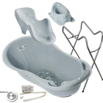 Tega-Baby Babybadewanne 4 Teile SET AB -EULE + Ständer Grau - Abflussset Baby Wanne, (Premium.set Made in Europe), Wanne+ Badesitz+ Töpfchen+ Ablauf Set+ Ständer