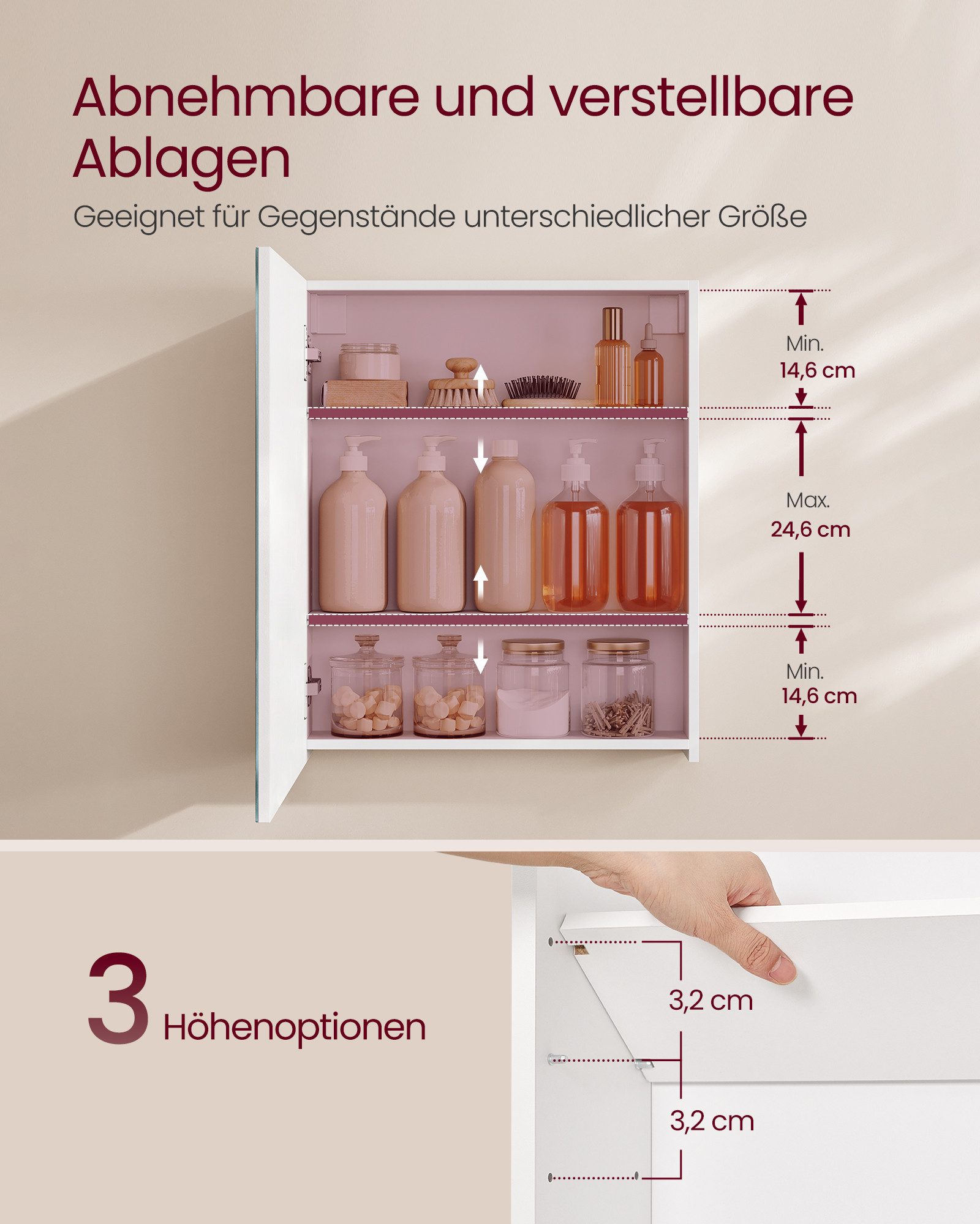 VASAGLE Spiegelschrank Badezimmerschrank Aufbewahrungsschrank Breite 50-90cm, höhenverstellbare Ablagen