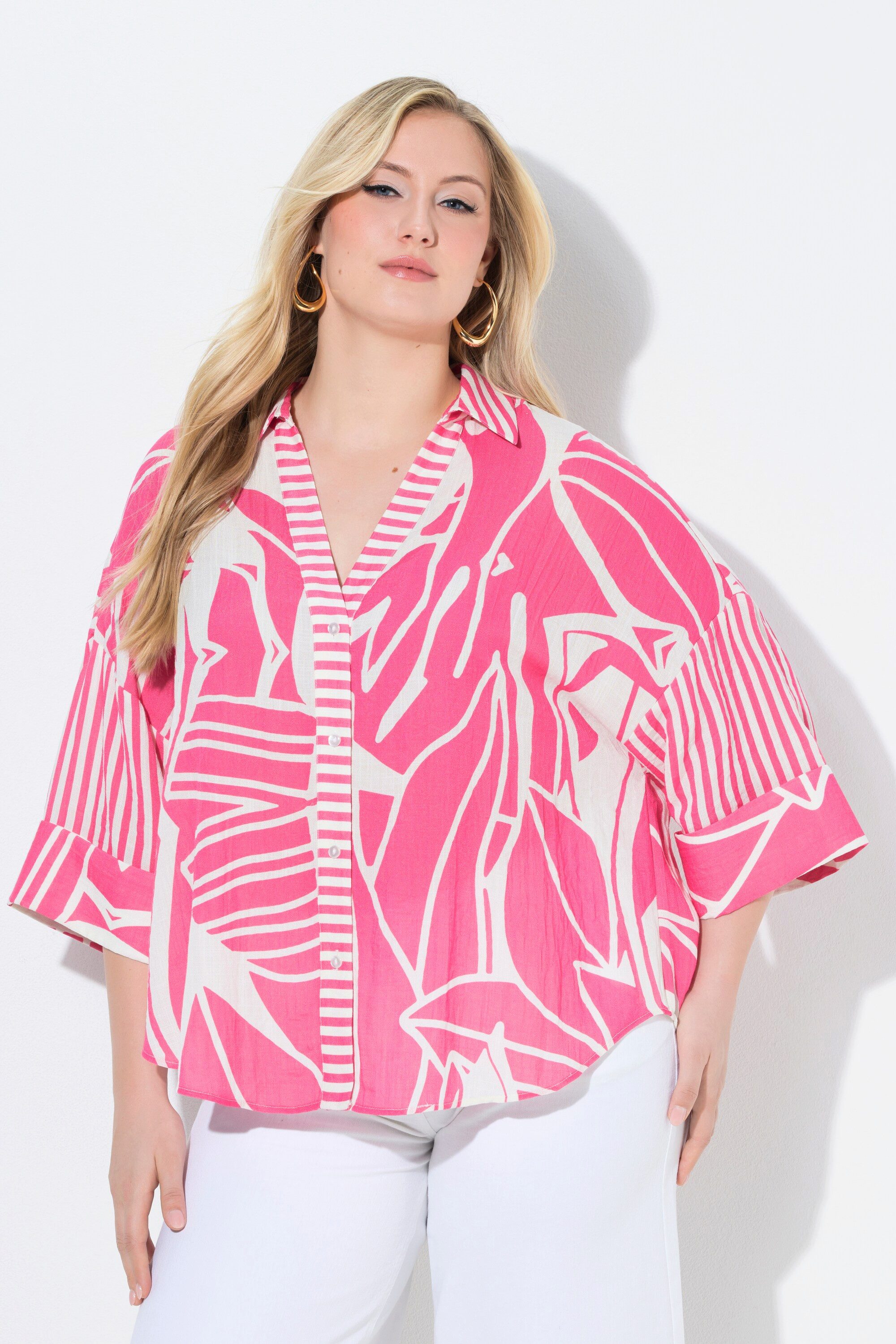 Ulla Popken Longbluse Bluse Blüten Oversized Hemdkragen 3/4-Arm