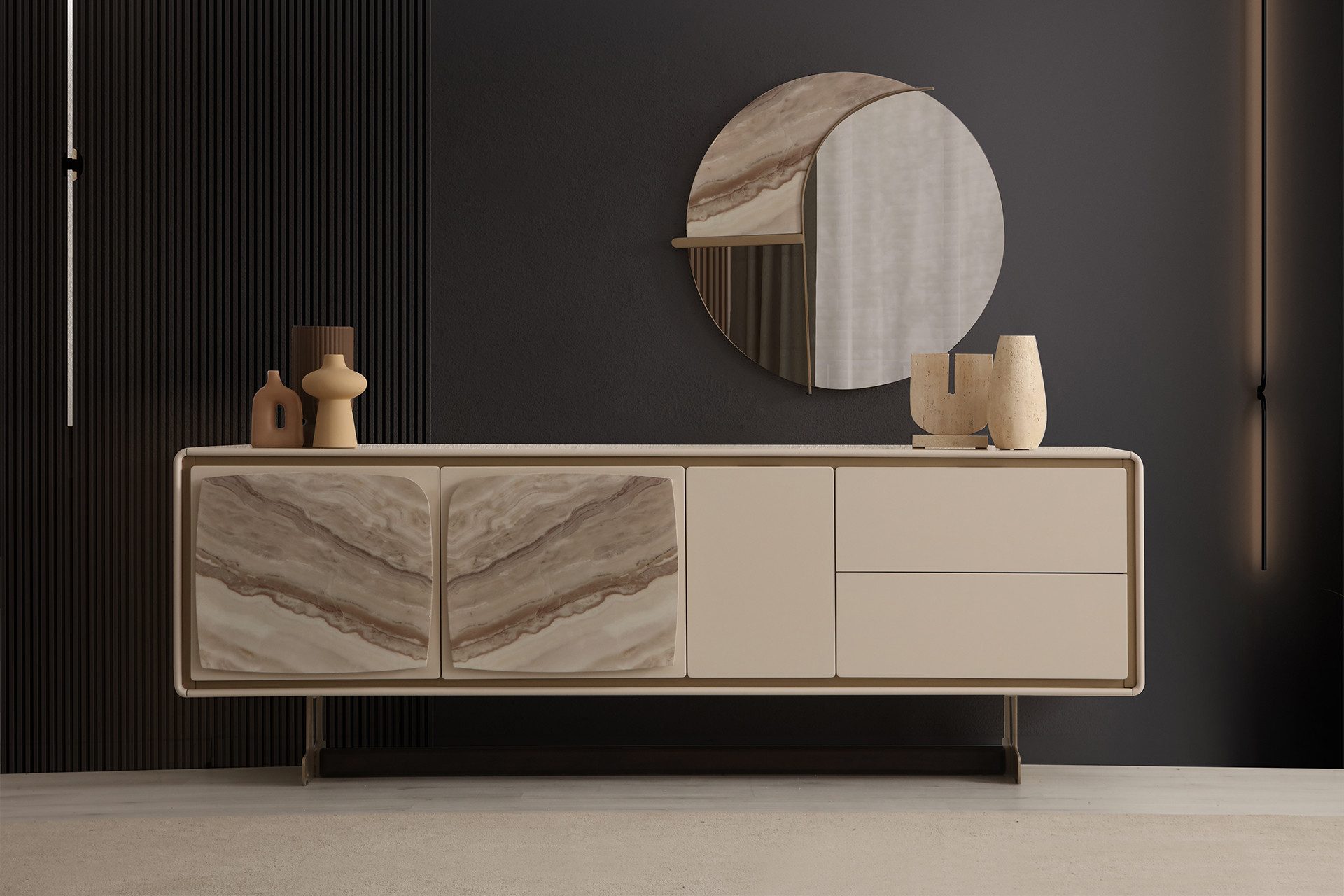 JVmoebel Sideboard Beiges Sideboard mit Designer Rundspiegel aus Holz (Packung, 2 St., Sideboard, Spiegel), Made in Europa