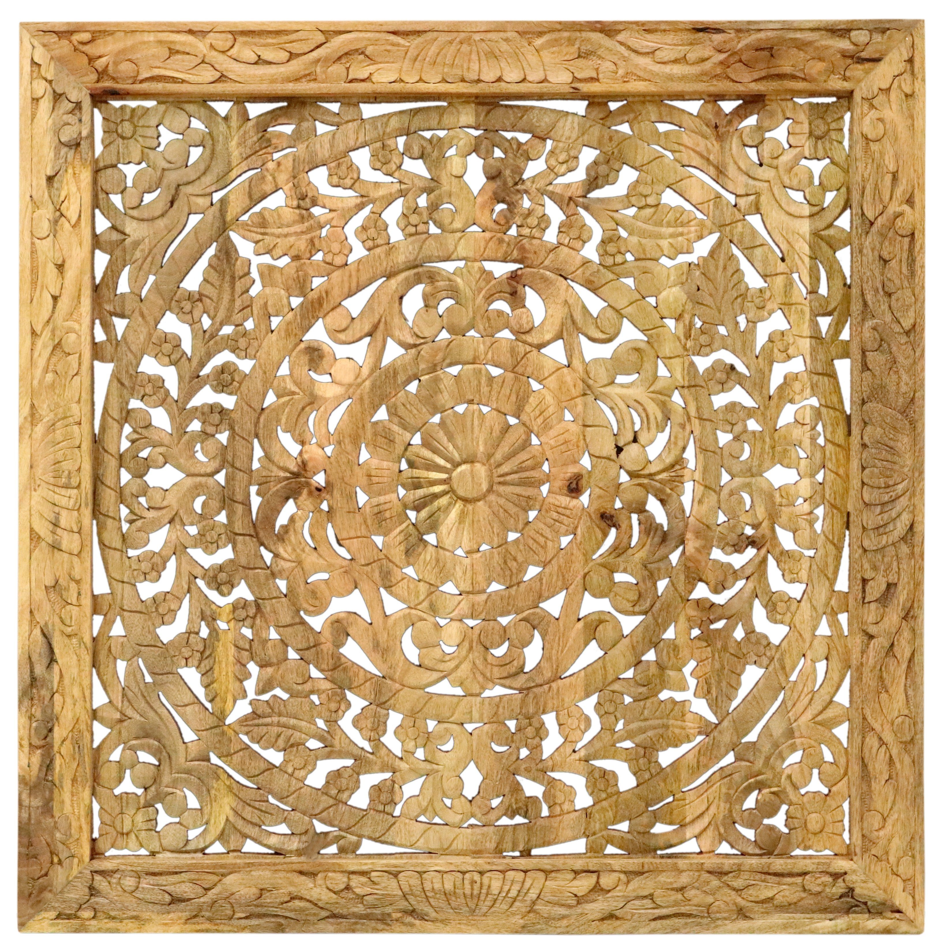 Indischesmoebelhausde Bilderrahmen Wandbild Retro 90x90x3 handgeschnitzt aus Mango-Massivholz