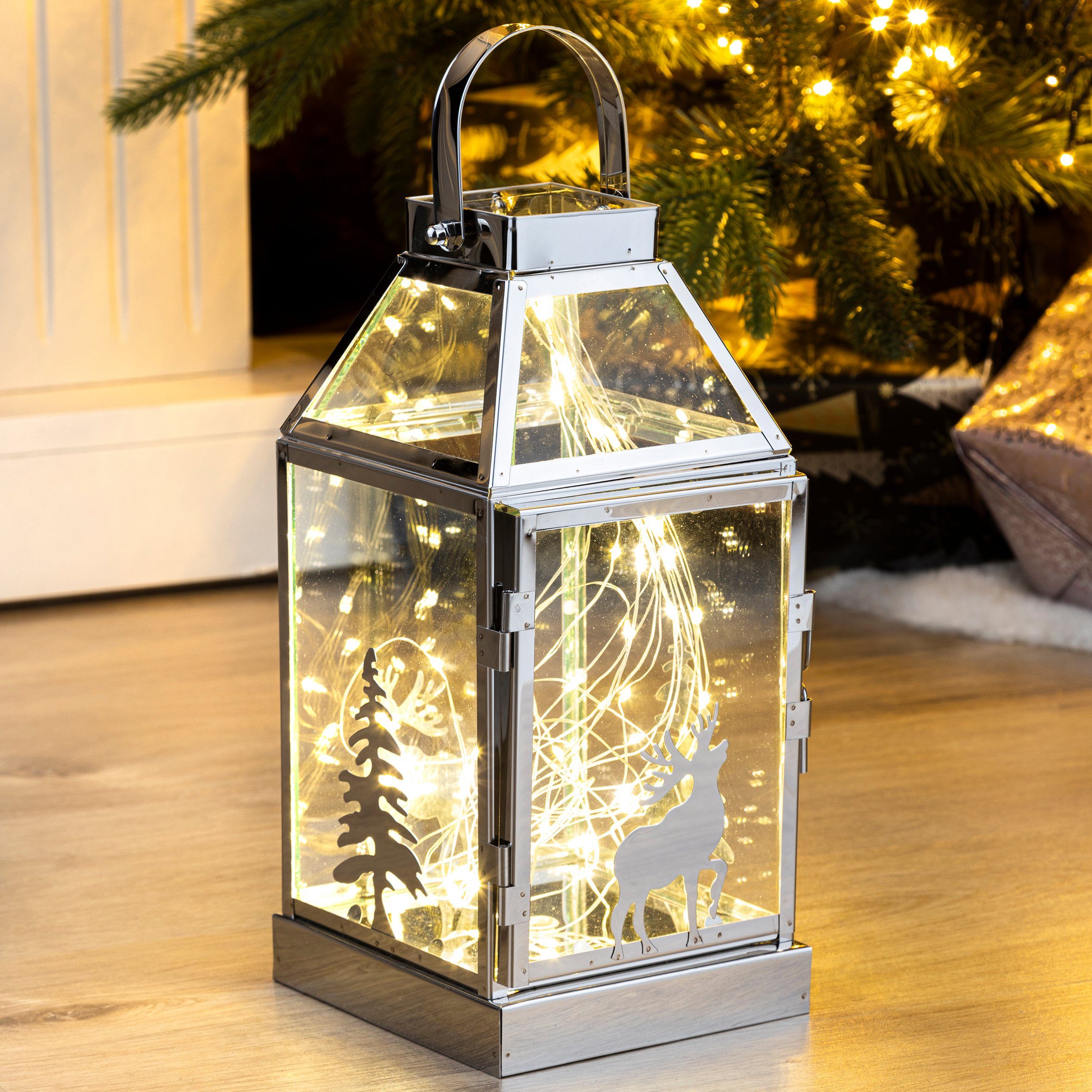 steinwohn LED Dekoobjekt XL LED Weihnachts-Laterne mit 60 warm-weiße LED, LED fest integriert, 13,5 x 29 x 14cm, aus Edelstahl und Glas