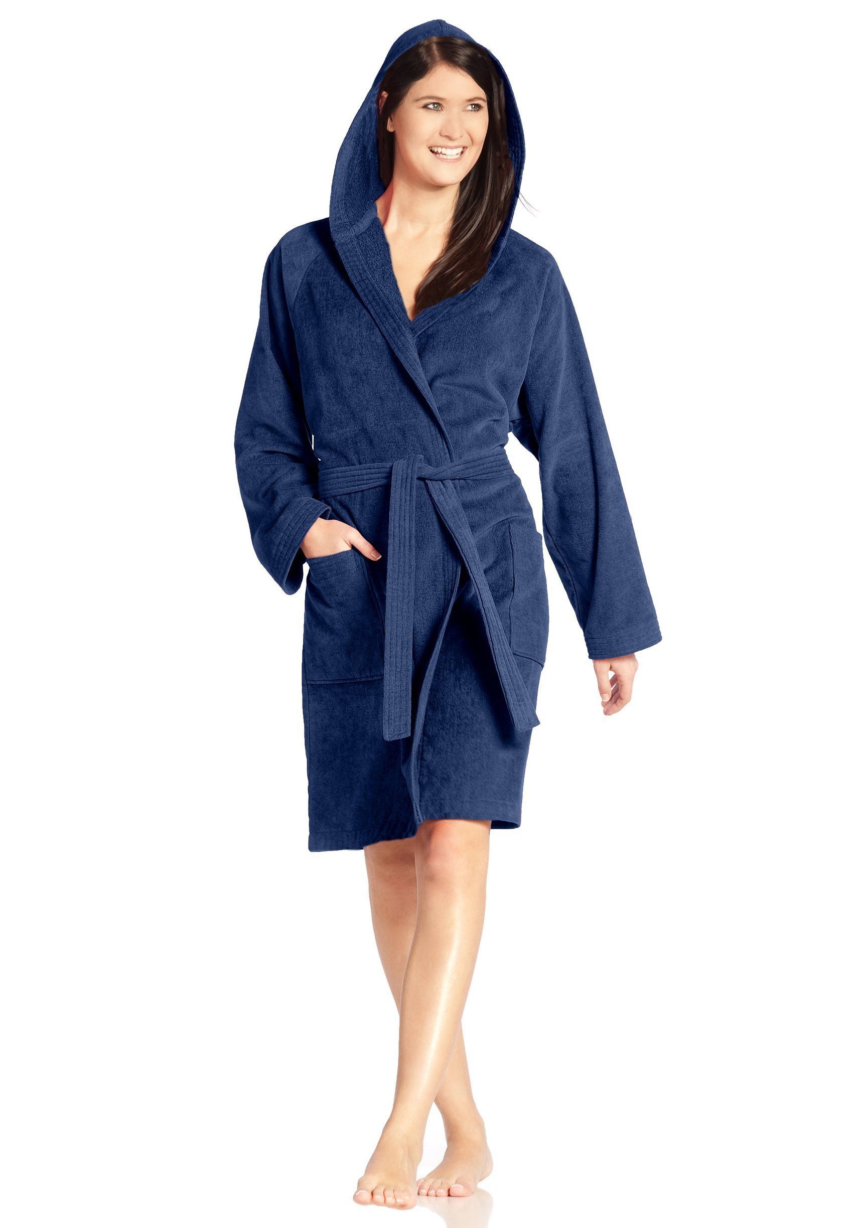 Vossen Unisex-Bademantel Texas, ideal für Sauna & Spa, Hotelbademantel, Morgenmantel, Kurzform, Webvelours, Kapuze, Gürtel, für Damen & Herren