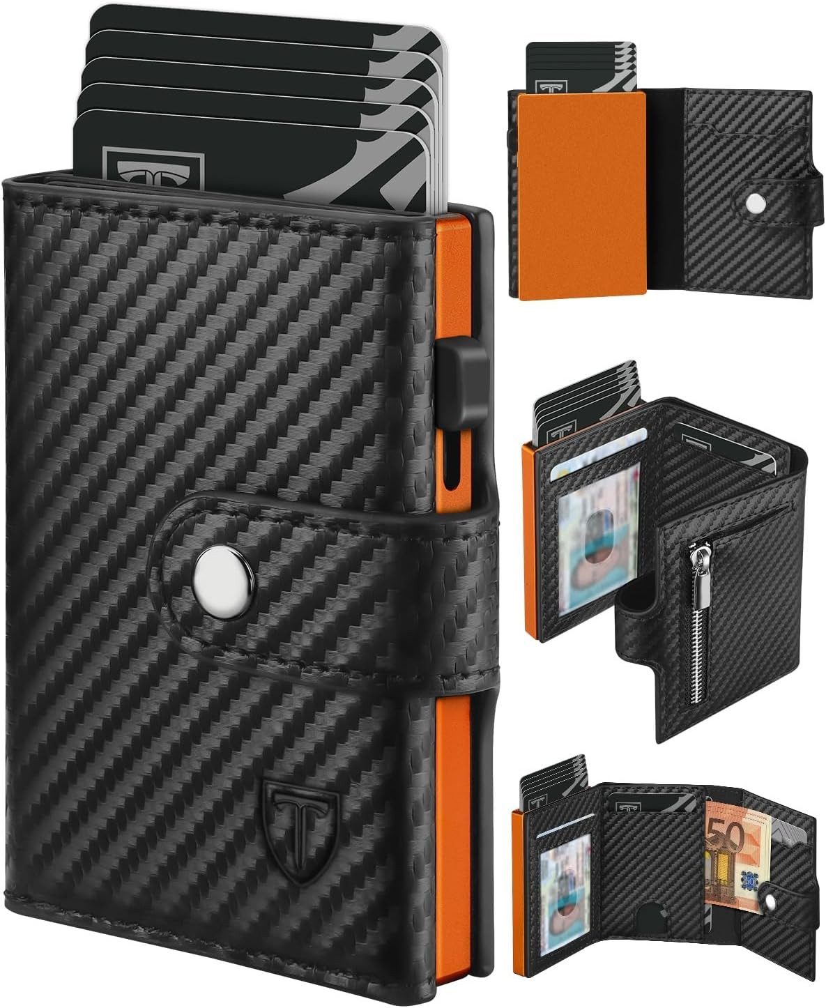 Ophy Geldbörse Herren Slim Wallet mit RFID-Schutz & Münzfach – Smart Wallet 3.0, für 9 Karten, ID-Fenster & Geldscheinfach – Schwarz & Orange