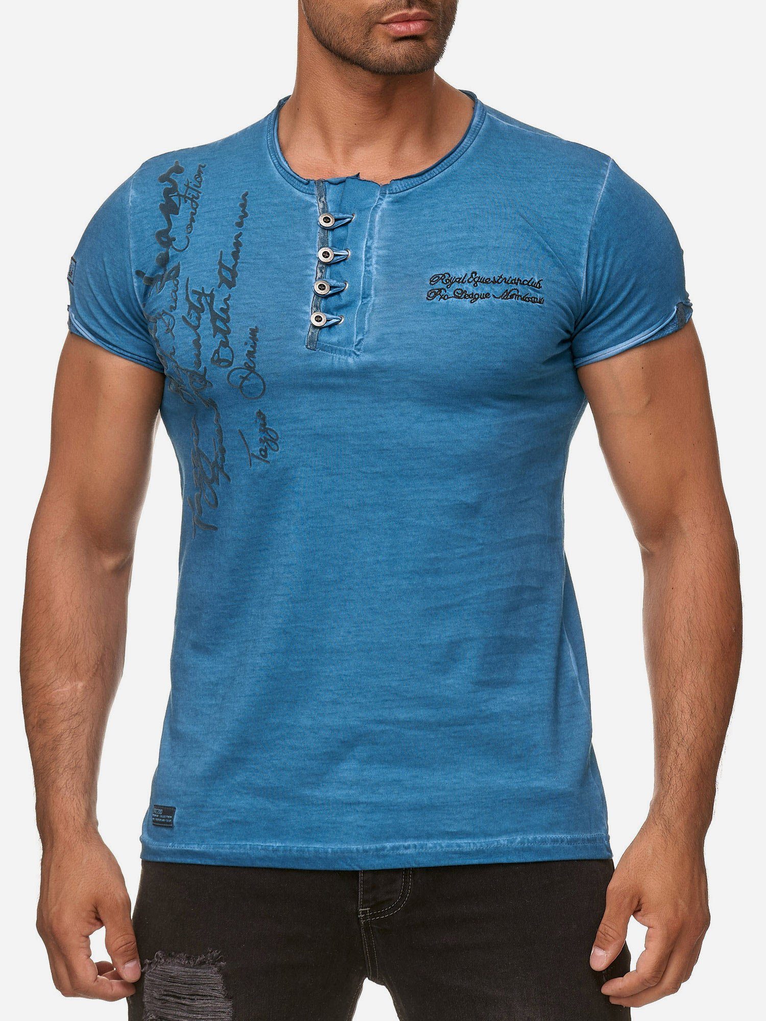 Tazzio T-Shirt 4050-1 Rundhalsshirt in Ölwaschung mit offenem Kragen und dezentem Used Look petrol