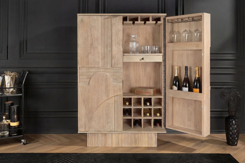 riess-ambiente Barschrank ART DECO 140cm weiß gekälkt - Massivholz, 3D-Front, 24 Flaschen (Einzelartikel, 1-St) mit Schubladen & Gläserhalter – ideal für Esszimmer & Wohnzimmer