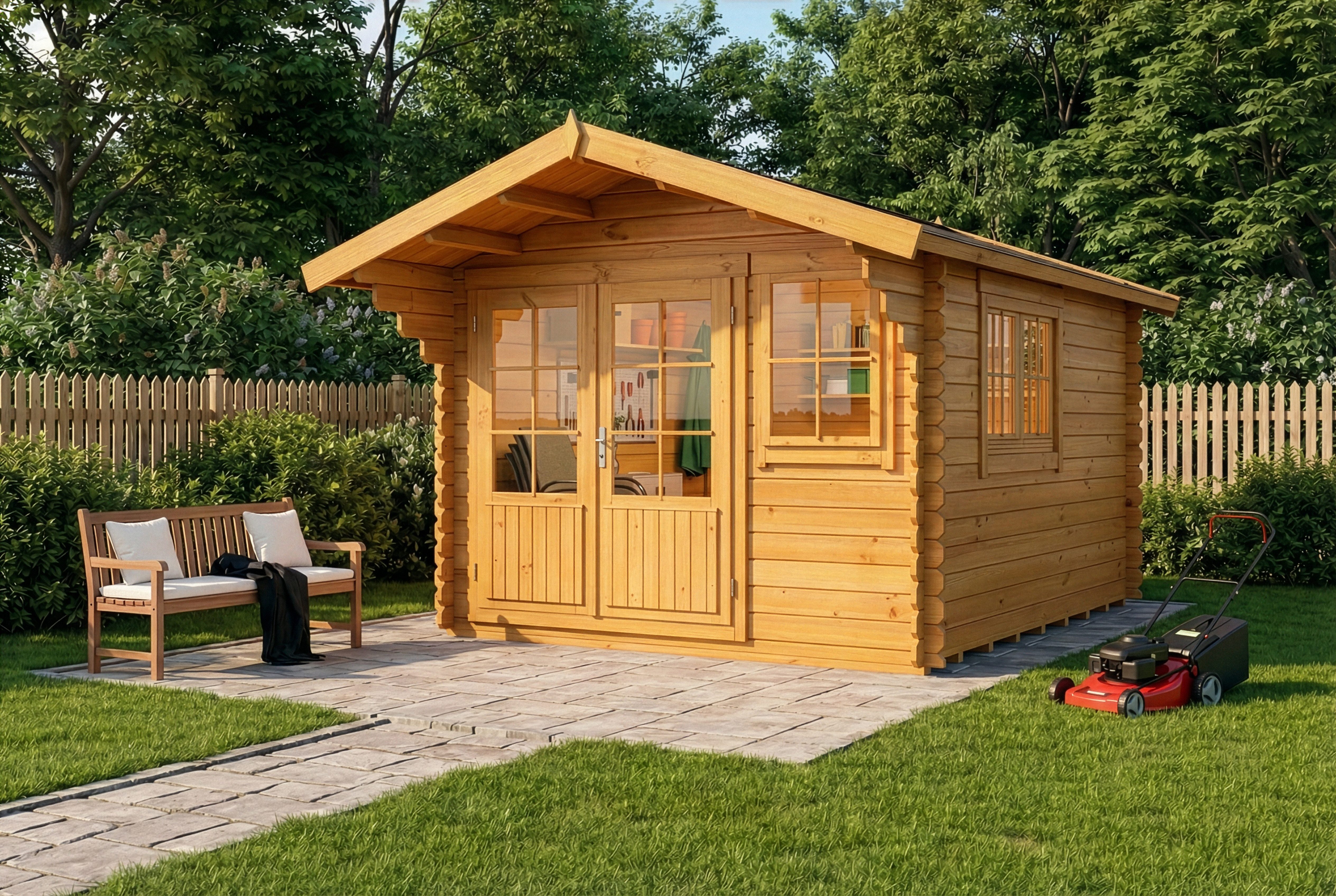 Alpholz Gartenhaus Holz Gabriel 300 x 400 cm, BxT: 338x467 cm, in Imprägniert (Pinie) Inkl. Fußboden mit 34mm Wandstärke