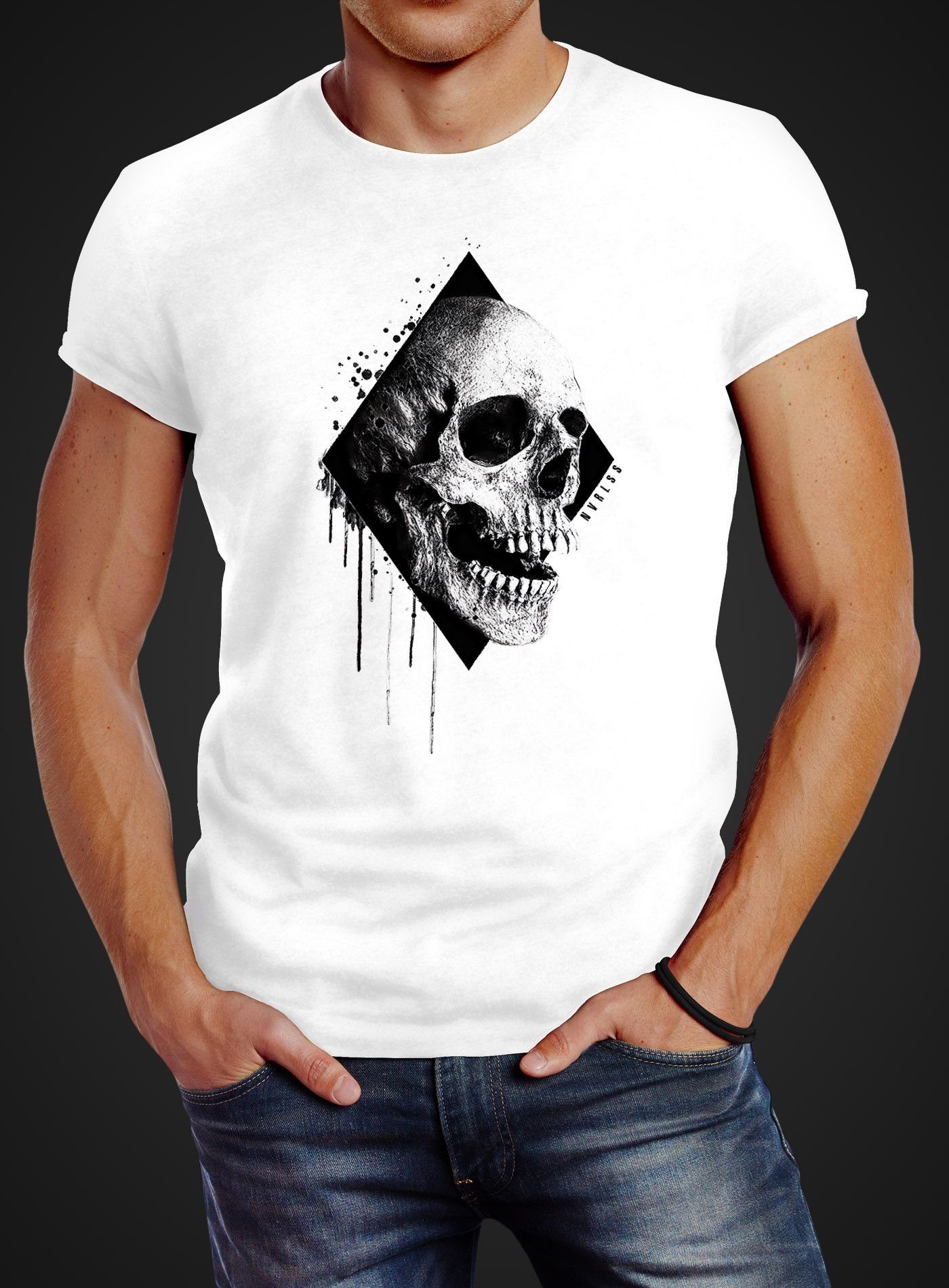 Print-Shirt mit Herren Print Skull Neverless® Slim T-Shirt Schädel Fit Totenkopf Neverless