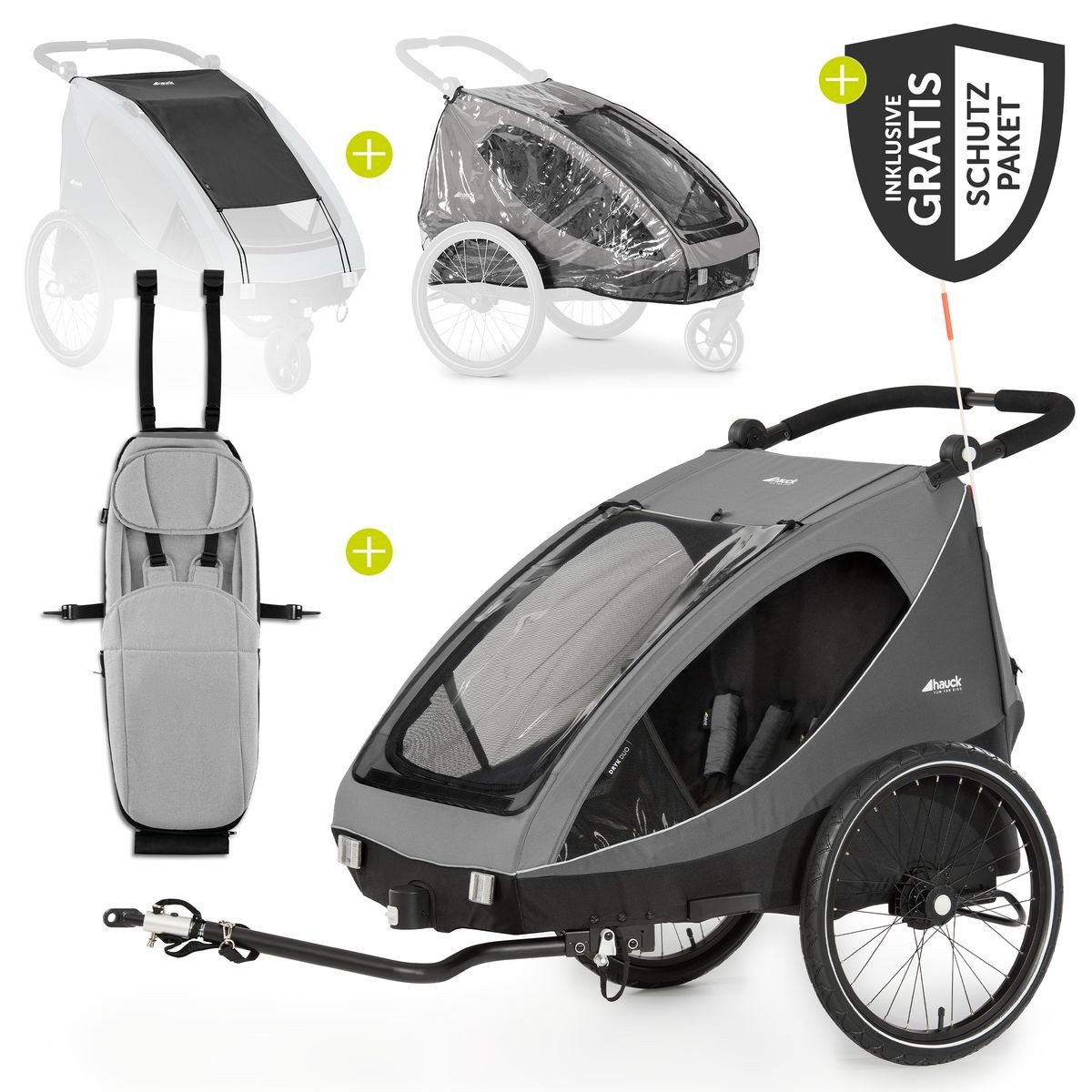 Hauck Fahrradkinderanhänger Dryk Duo - Grey, 2in1 Fahrradanhänger Buggy für 2 Kinder mit Baby Lounger & Schutzpaket