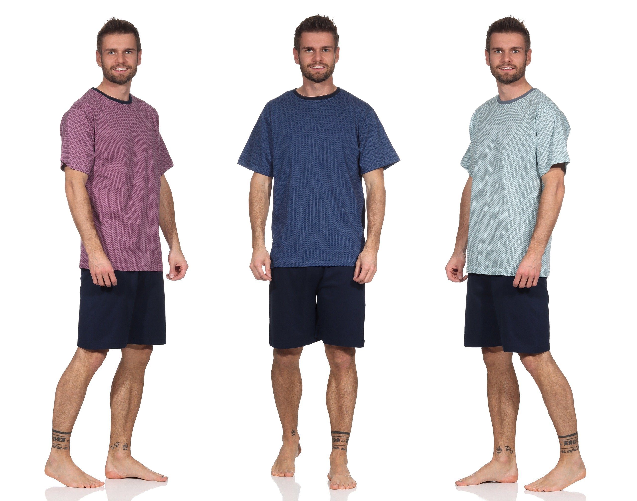 Rundhals Pyjama Moonline Shorty Shorty (2 Baumwolle tlg) 100% Schlafanzug Nachtwäsche Herren Aqua Kurzarm