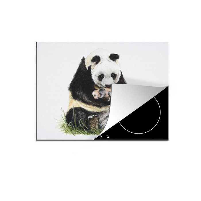 MuchoWow Herdblende-/Abdeckplatte Panda - Gras - Schwarz Vinyl (1 tlg) Mobile Arbeitsfläche nutzbar Ceranfeldabdeckung