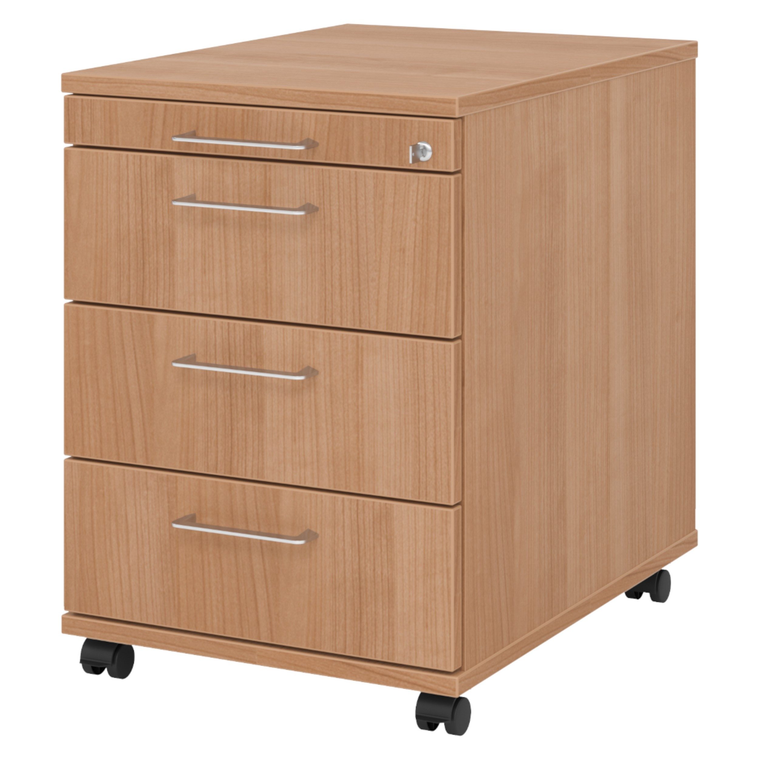 bümö Rollcontainer office Bürocontainer - 3 Materialschubladen, Dekor: Nussbaum mit Bügelgriff (Metall)
