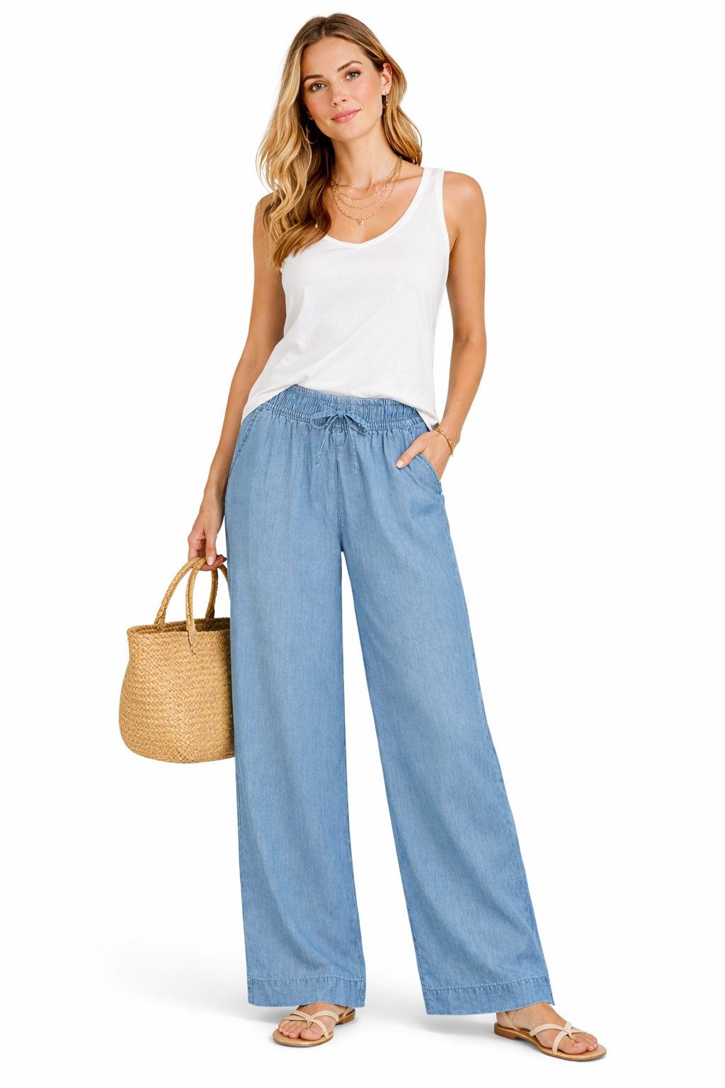 SUBLEVEL Chinos Damen Sommerliche Schlupfhose aus Denim mit weitem Bein Freizeit Hose