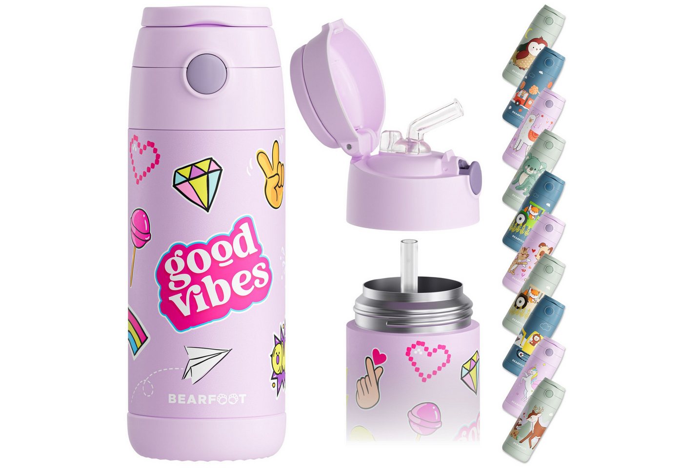 BEARFOOT Trinkflasche Thermo Kinder Trinkflasche Edelstahl - Sticker lila, Thermosflasche, auslaufsicher, Edelstahl, Kinderflasche, BPA-frei