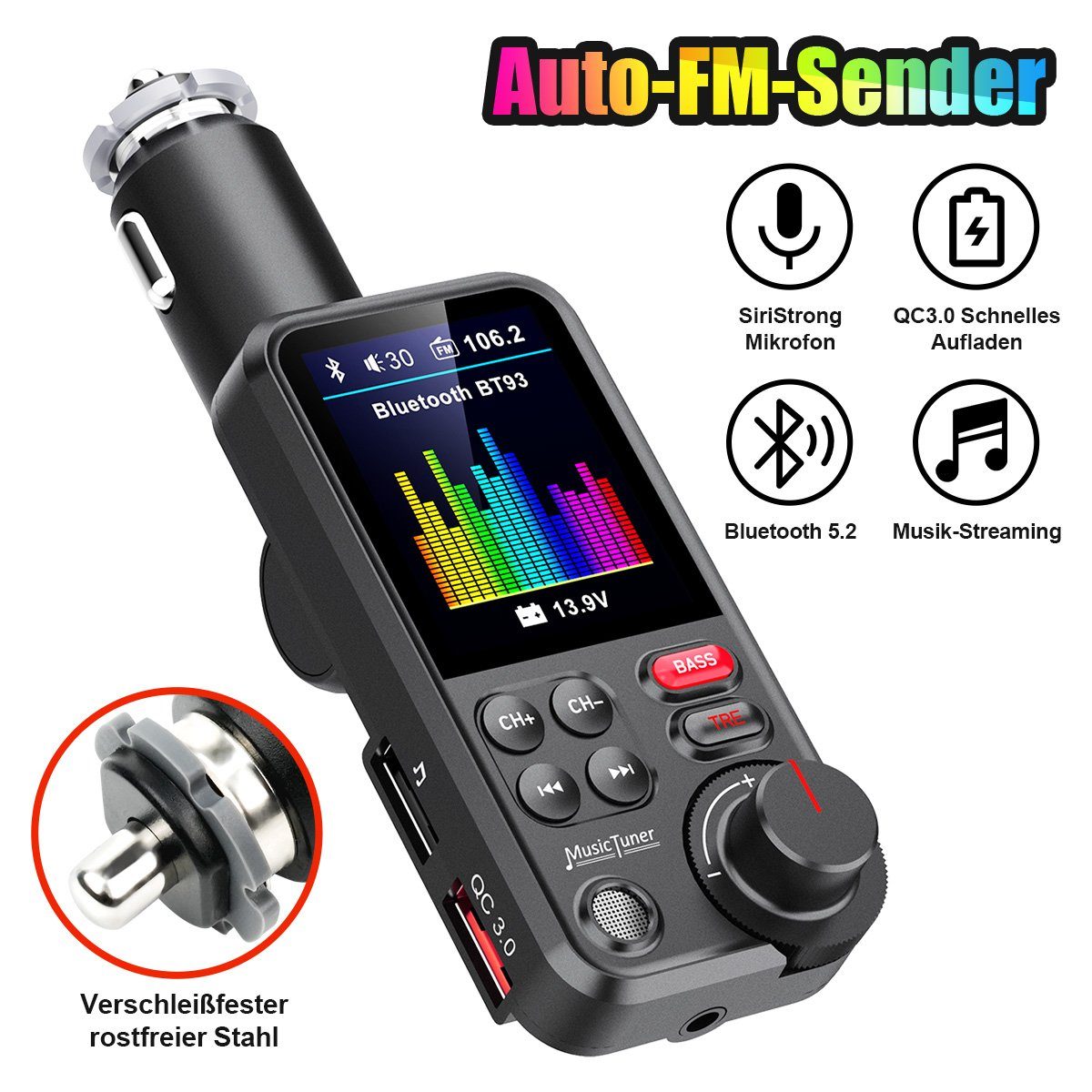 VSIUO Bluetooth Adapter Auto, Starkes Mikrofon FM Transmitter Auto