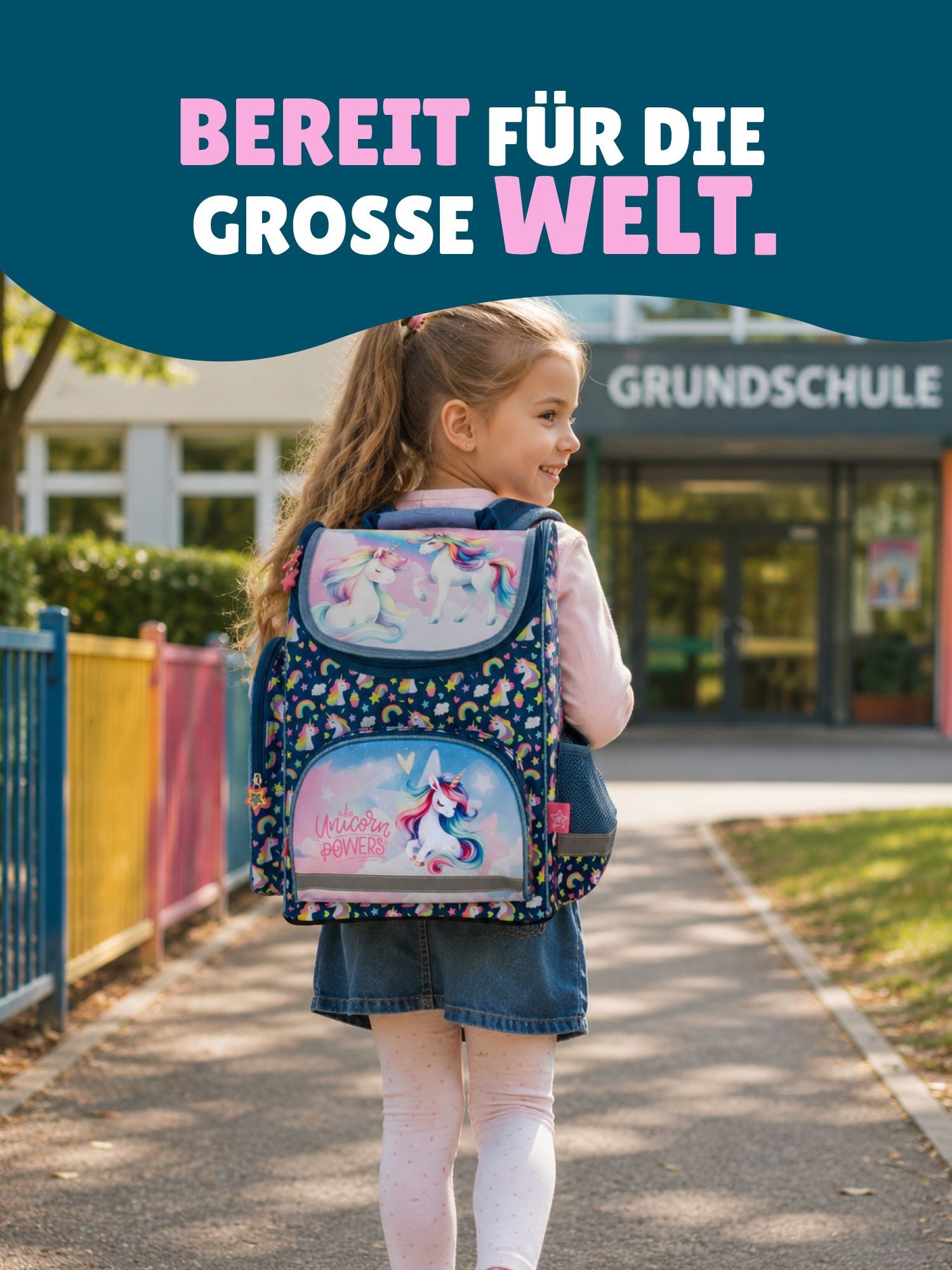 Familando Schulranzen Unicorn Einhorn Schultasche, blau, für Mädchen 1. bis 4. Klasse (Set, 8-tlg., inkl. Federmappe, Lunch-Set und Sporttasche), ergonomisch, 1 – Bild 5 von 5