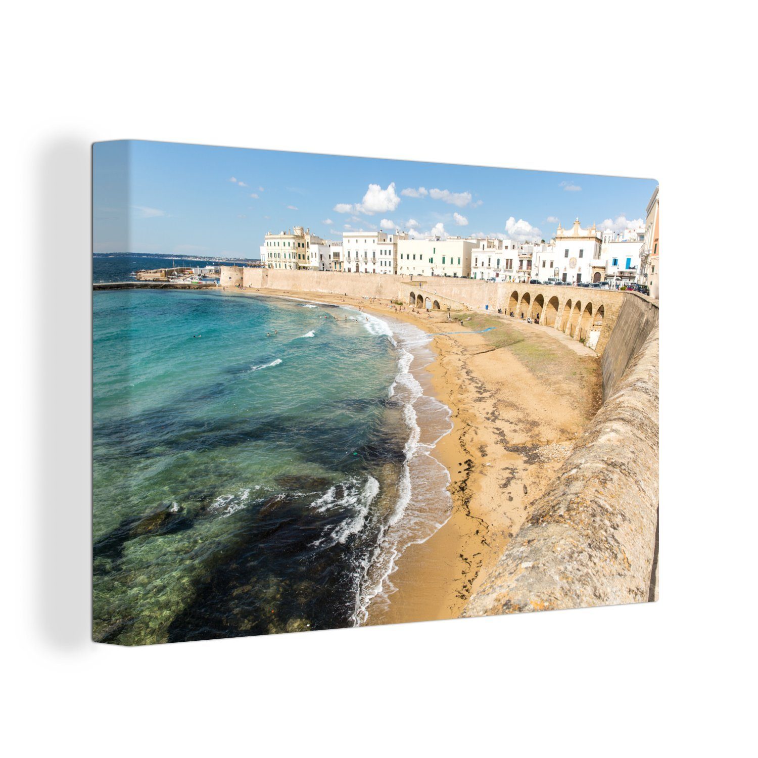 OneMillionCanvasses® Leinwandbild Der Strand und die weißen Häuser dahinter in Gallipoli, (1 St), Wandbild Leinwandbilder, Aufhängefertig, Wanddeko, 30x20 cm