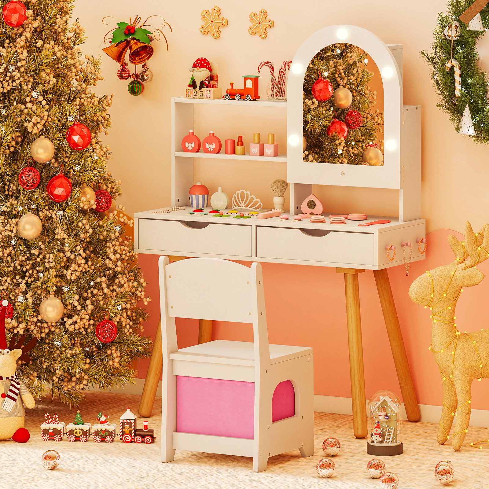 COSTWAY Schminktisch, Kinderschminktisch-Set mit Spiegel mit 3-Farbbeleucht günstig online kaufen