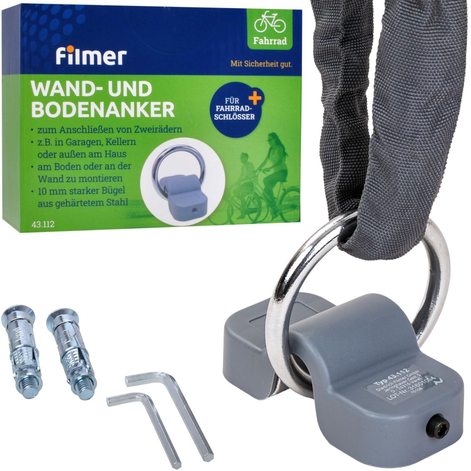 Diedrich Filmer GmbH Wandanker Wandanker Bodenanker für Fahrrad Roller etc, (Set, Komplett-Set), eBike Sicherheitsanker Kettenanker Boden Wand Anker Befestigungsanker