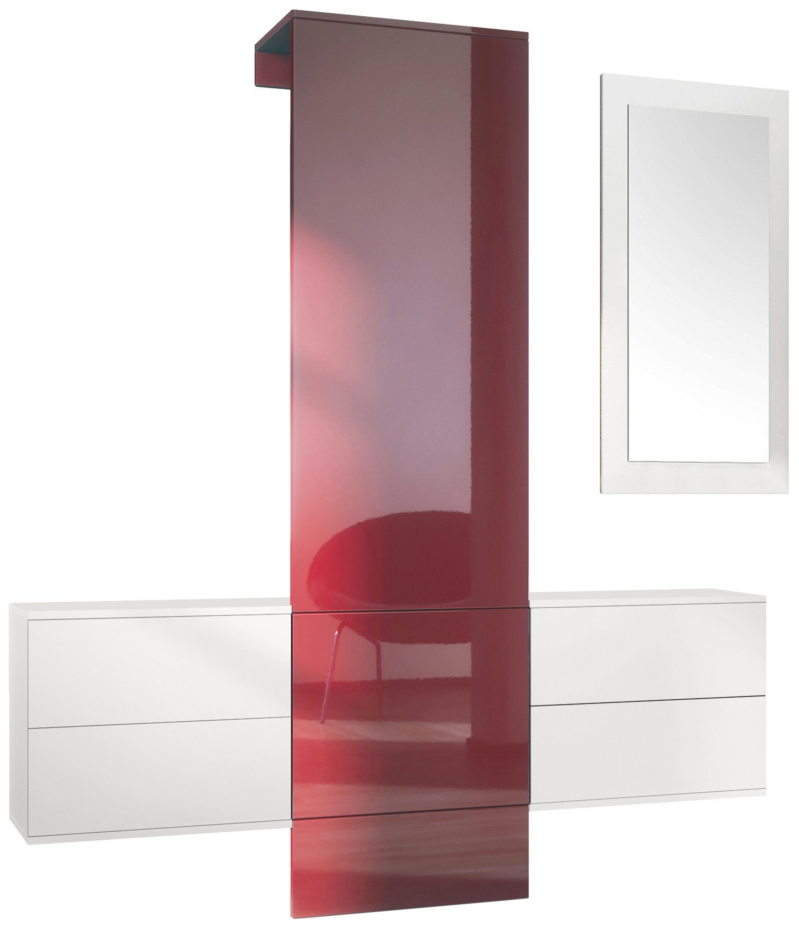 Vladon Garderoben-Set Carlton Set 3, (Wandgarderobe bestehend aus, ​ 1 Paneel, 2 Schubkastenschränke und 1 Wandspiegel), Weiß matt/Bordeaux Hochglanz (157 x 193 x 35 cm)