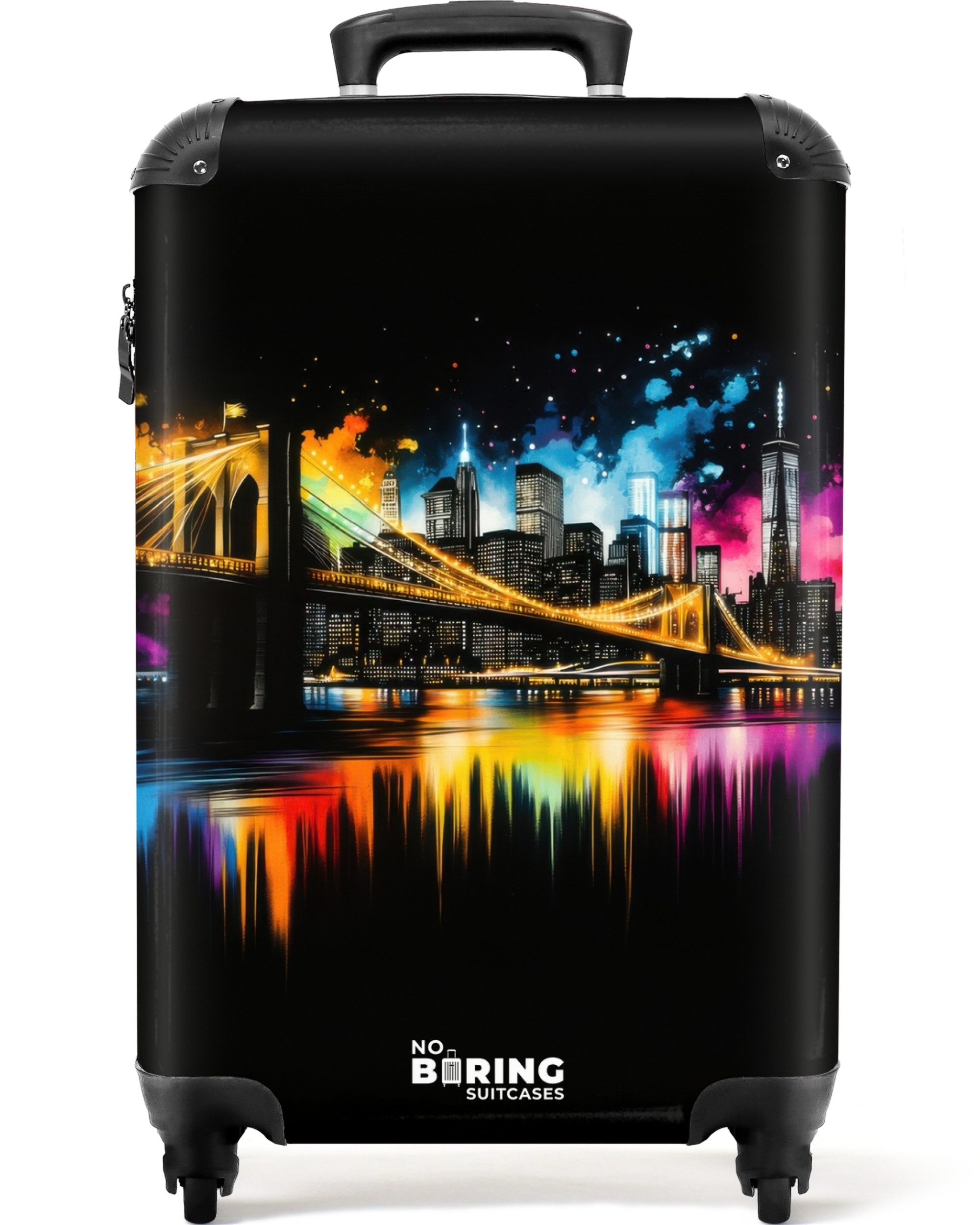 NoBoringSuitcases.com© Hartschalen-Trolley Stadt mit beleuchteter Brücke und bunten Spiegelungen 55x35x20cm, Reisetasche mit Rollen, Koffer Handgepäck Flugzeug