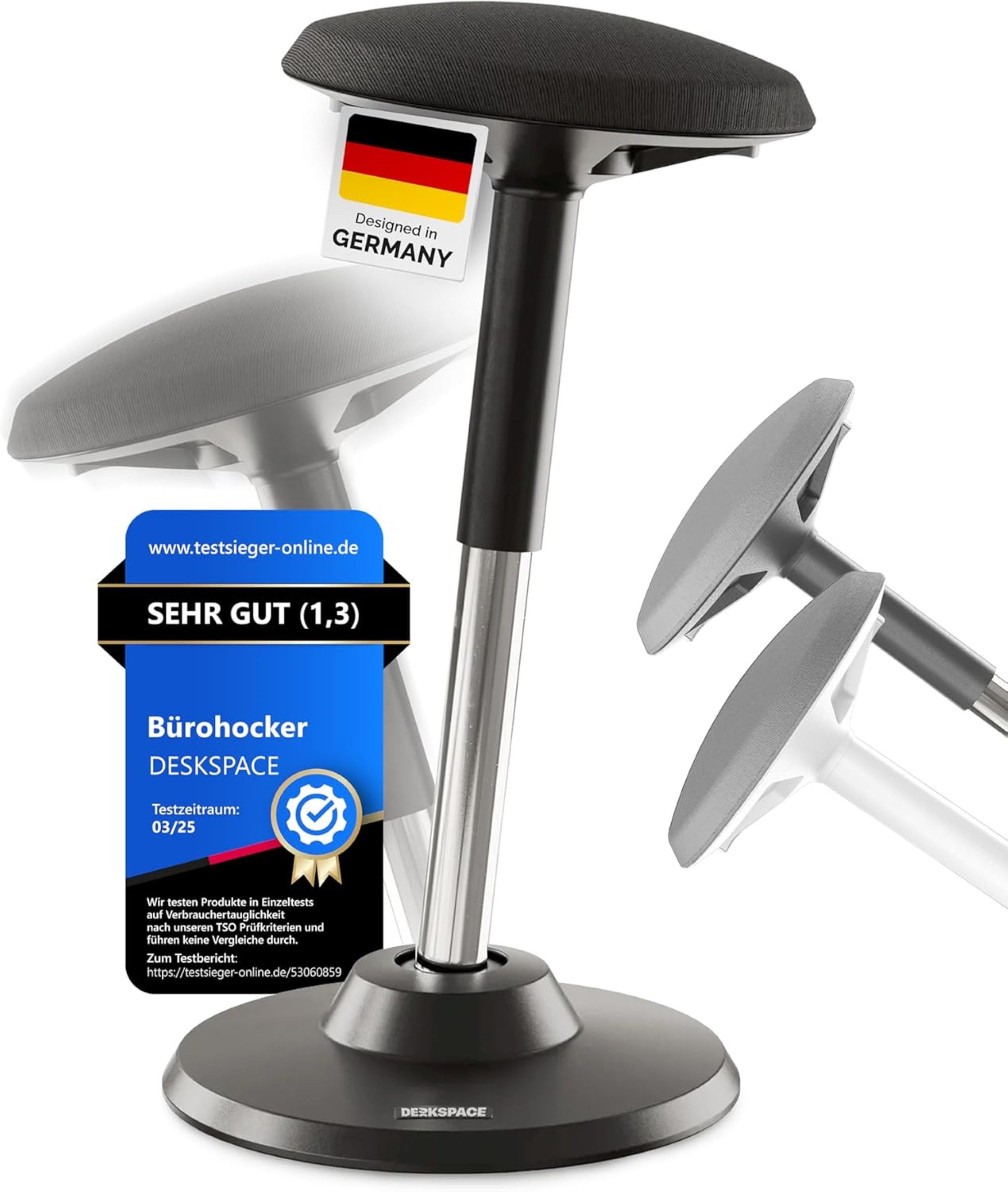 DESKSPACE Drehhocker Motion Ergonomischer Stehhocker - Höhenverstellbarer Bürohocker (Einzelartikel), Höhenverstellbarer Stehhocker mit ergonomischem Sitzkomfort