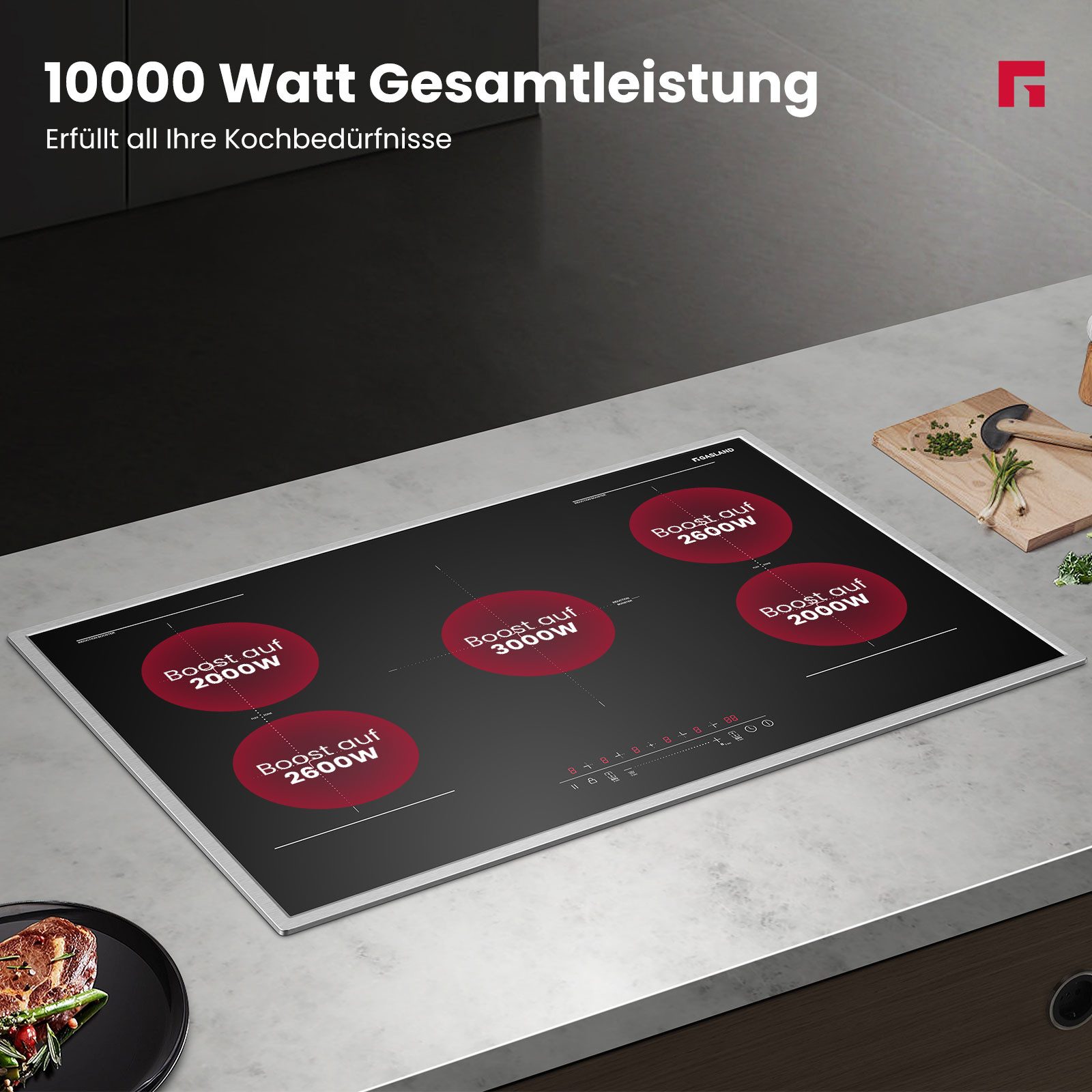 GASLAND Induktions-Kochfeld 5 Zonen Induktionskochfelder mit Edelstahlrahmen, FlexInduction für BBQ, PowerBoost schnelleres Kochen, 10000W (Ohne Bratpfanne)