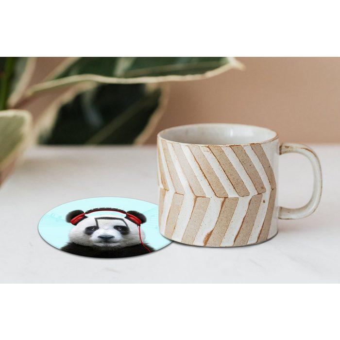MuchoWow Glasuntersetzer Panda - Kopfhörer - Tier - Musiknoten - Rot Zubehör für Gläser 6-tlg. Getränkeuntersetzer Tassenuntersetzer Korkuntersetzer Tasse Becher