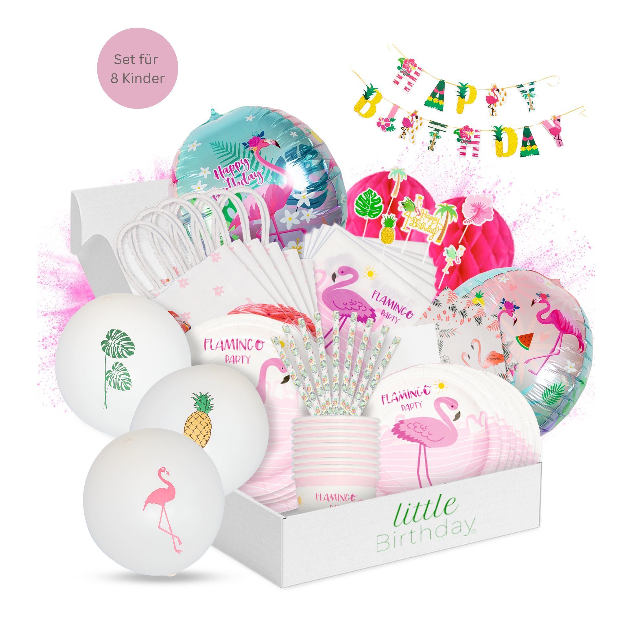 little Birthday Papierdekoration Flamingo Party Set für Geburtstag, Partygeschirr, Luftballons, ALLES, für 8 Kinder, 125 Teile aus einem Set