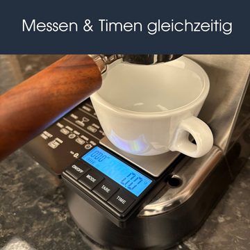 JOEFREX Feinwaage Kaffeewaage mit Timer - exakte Espressowaage, 0,1g Messgenauigkeit, Tare Funktion, Timer Funktion Countdown Funktion