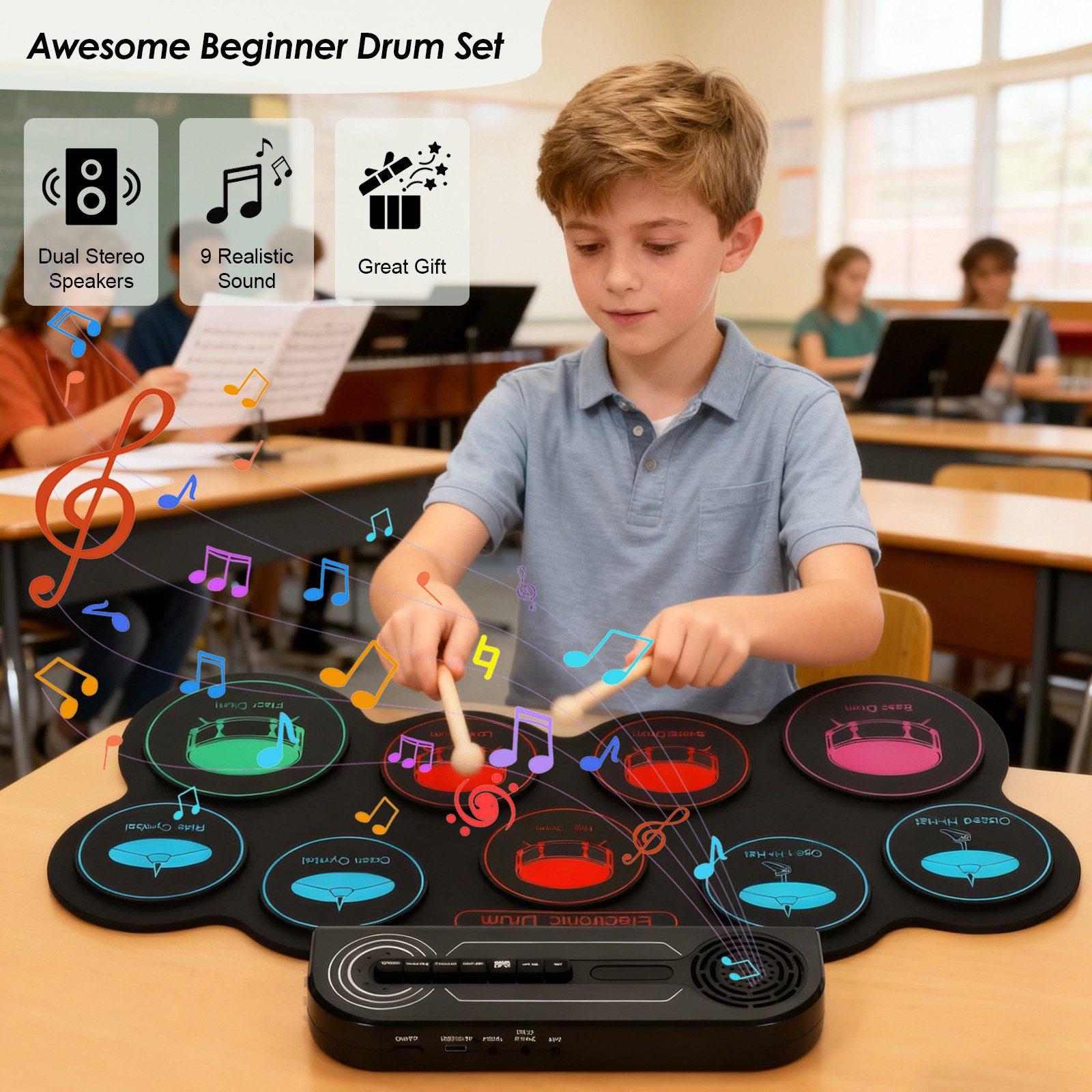 Fine Life Pro Schlagzeug Tragbares Elektronisches Schlagzeug –, 9 Drum Pads mit Metronom & Pedalsteuerung, 8 Demo-Stücke, Wiederaufladbarer Akku für Anfänger & Profis