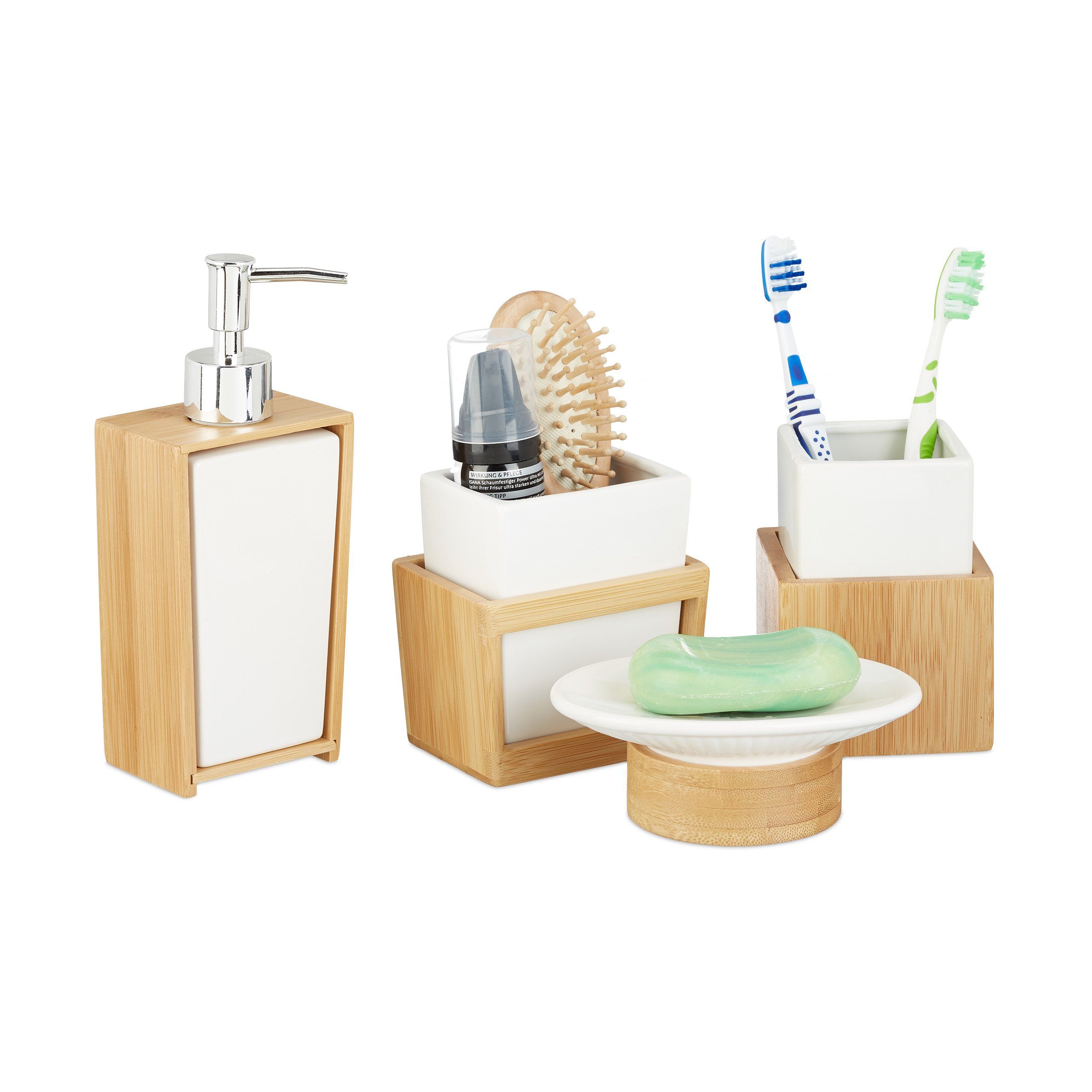 relaxdays Badezimmer-Set Badezimmer Set aus Bambus und Keramik | Badmöbel-Sets