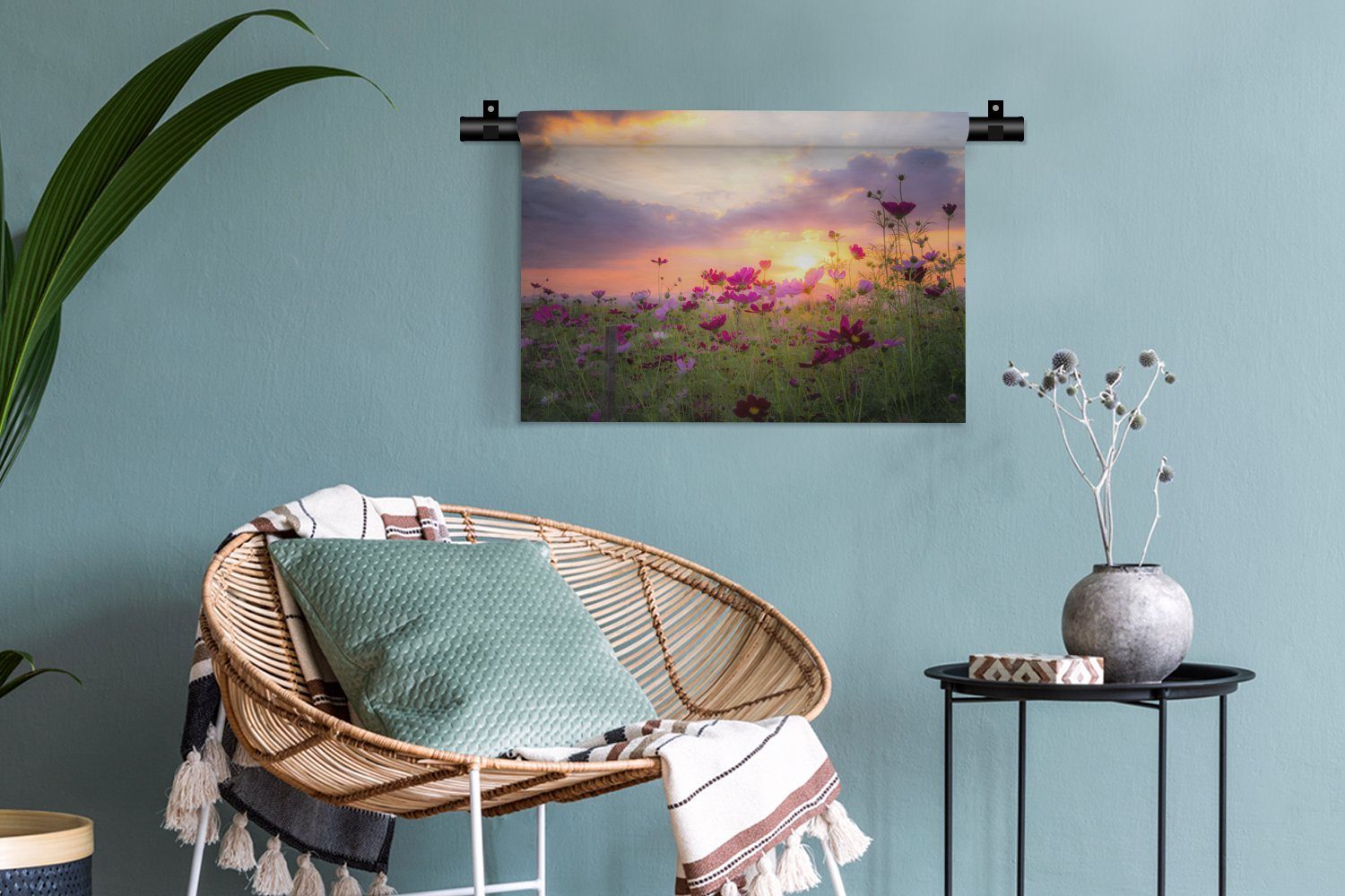 Wandbehang, Wanddekoobjekt Kleid, Blumen Grün, MuchoWow Wohnzimmer, - für - Schlafzimmer, - Sonnenuntergang Natur Rosa Wanddeko - Kinderzimmer