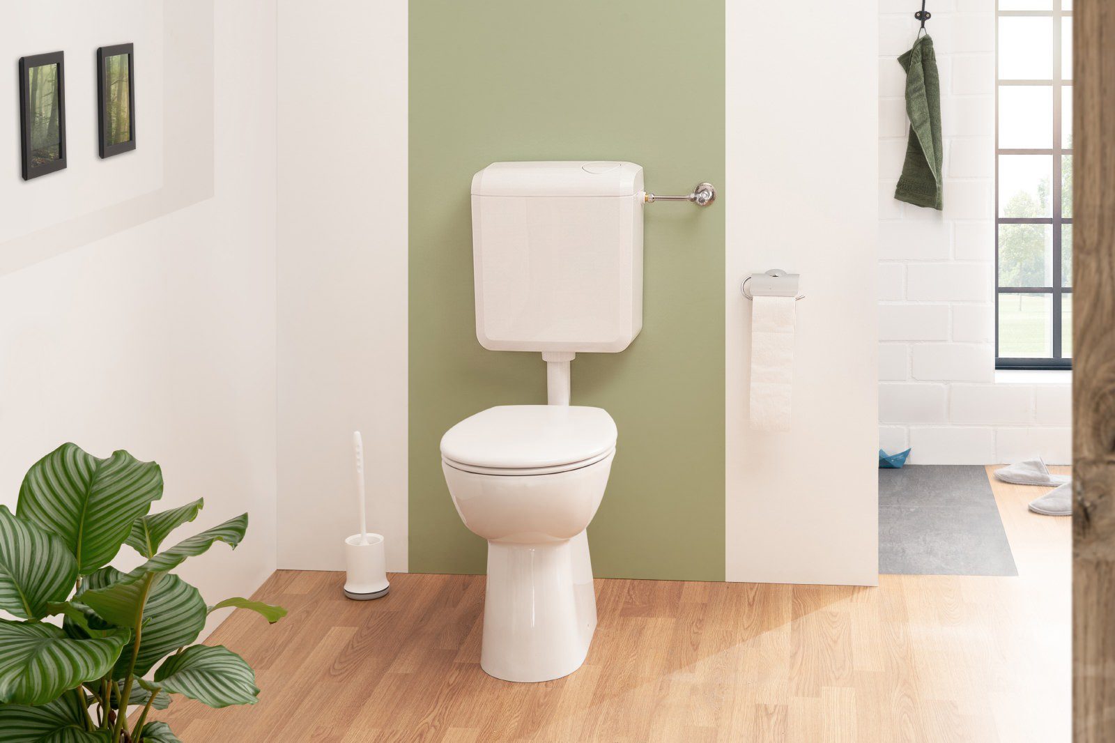 Calmwaters Tiefspül-WC Stand-WC spülrandlos mit Erhöhung, bodenstehend, Abgang Waagerecht, Set mit WC-Sitz und Spülkasten, Weiß, +7 cm erhöht, Absenkautomatik, Abnehmbar, 99000187