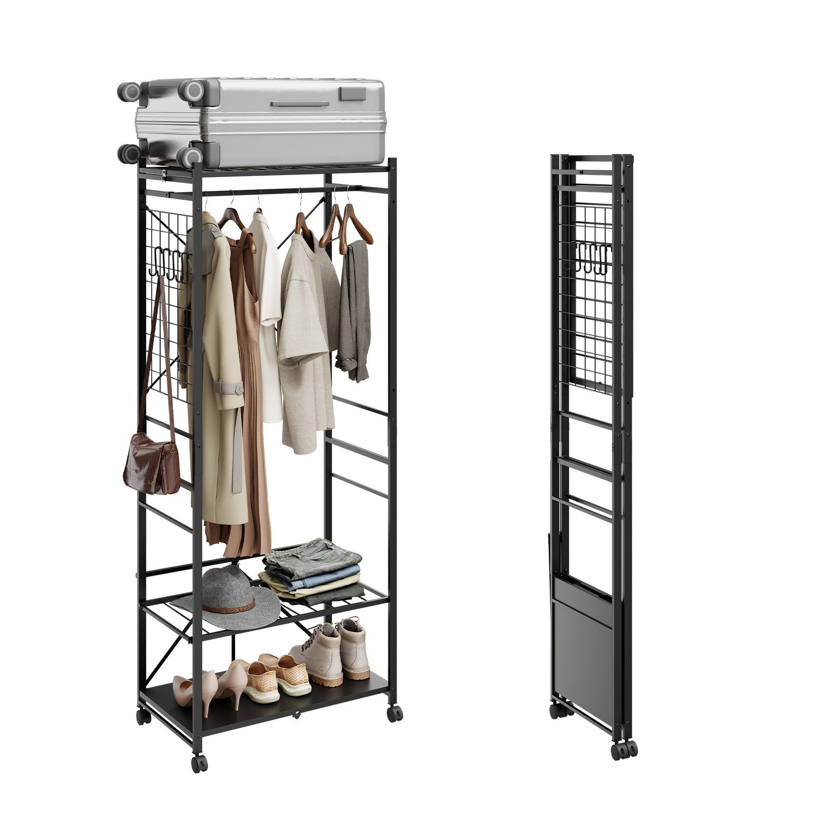 SoBuy Kleiderständer KLS22, Klappbarer Garderobenständer auf Rollen, Wäscheständer Schwarz, (1er Set), Freistehend mit 5 Haken, Gepäckständer & flexibel montierbaren Böden