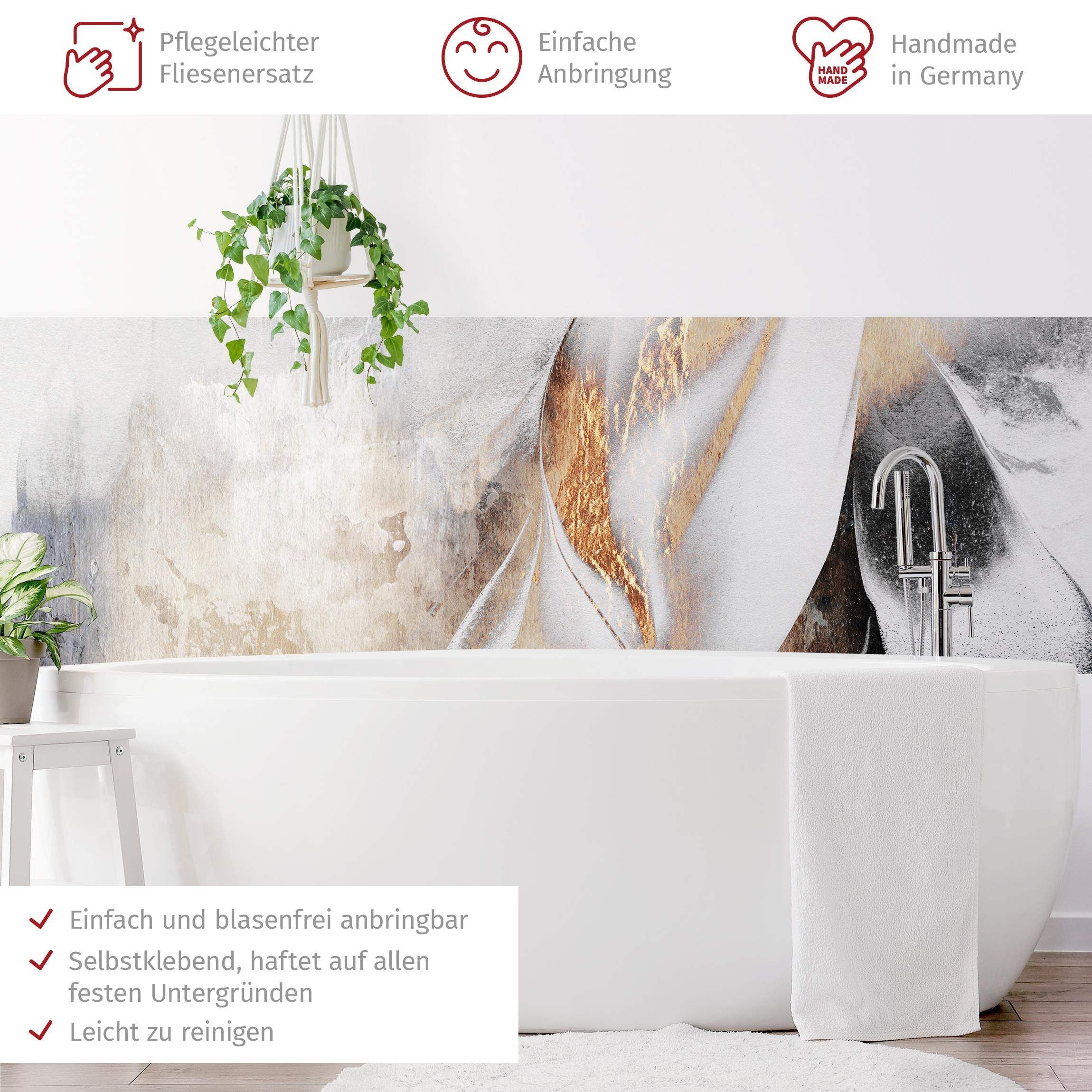 Bilderdepot24 Badrückwand gold fugenlose Wandverkleidung Bad Abstrakt, (Hartfolie matt » Selbstklebend SMART 0,35 mm), wasserfestes Wandpaneel Goldene abstrakte Wintermalerei
